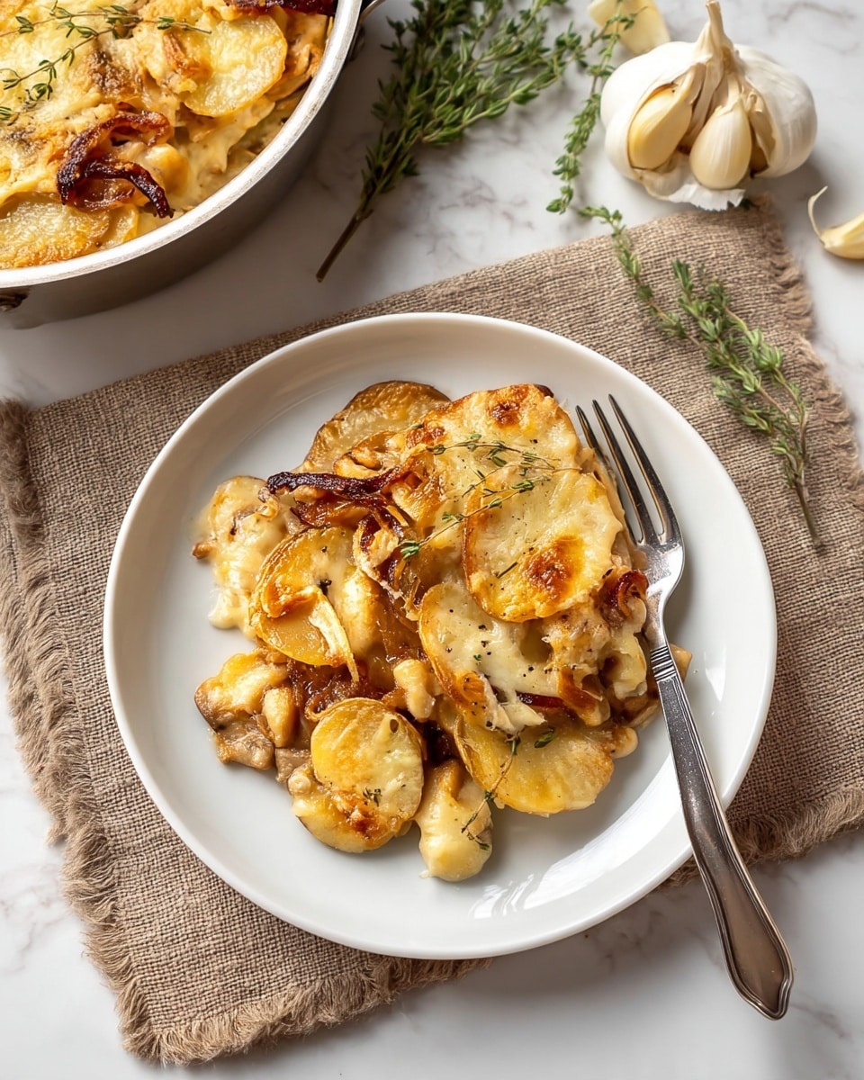 A white plate holds a portion of scalloped potatoes served over a light brown textured cloth on a white marbled surface. The dish shows many thin, round layers of golden brown potatoes covered in a creamy sauce with browned cheese spots, mixed with thin caramelized onions and mushrooms giving a rich texture. Small green herb sprigs are laid on top for decoration. A silver fork rests on the right side of the plate. In the background, a part of a metal pan filled with more scalloped potatoes is visible, along with garlic cloves and more herb sprigs on the white marbled surface. Photo taken with an iphone --ar 4:5 --v 7
