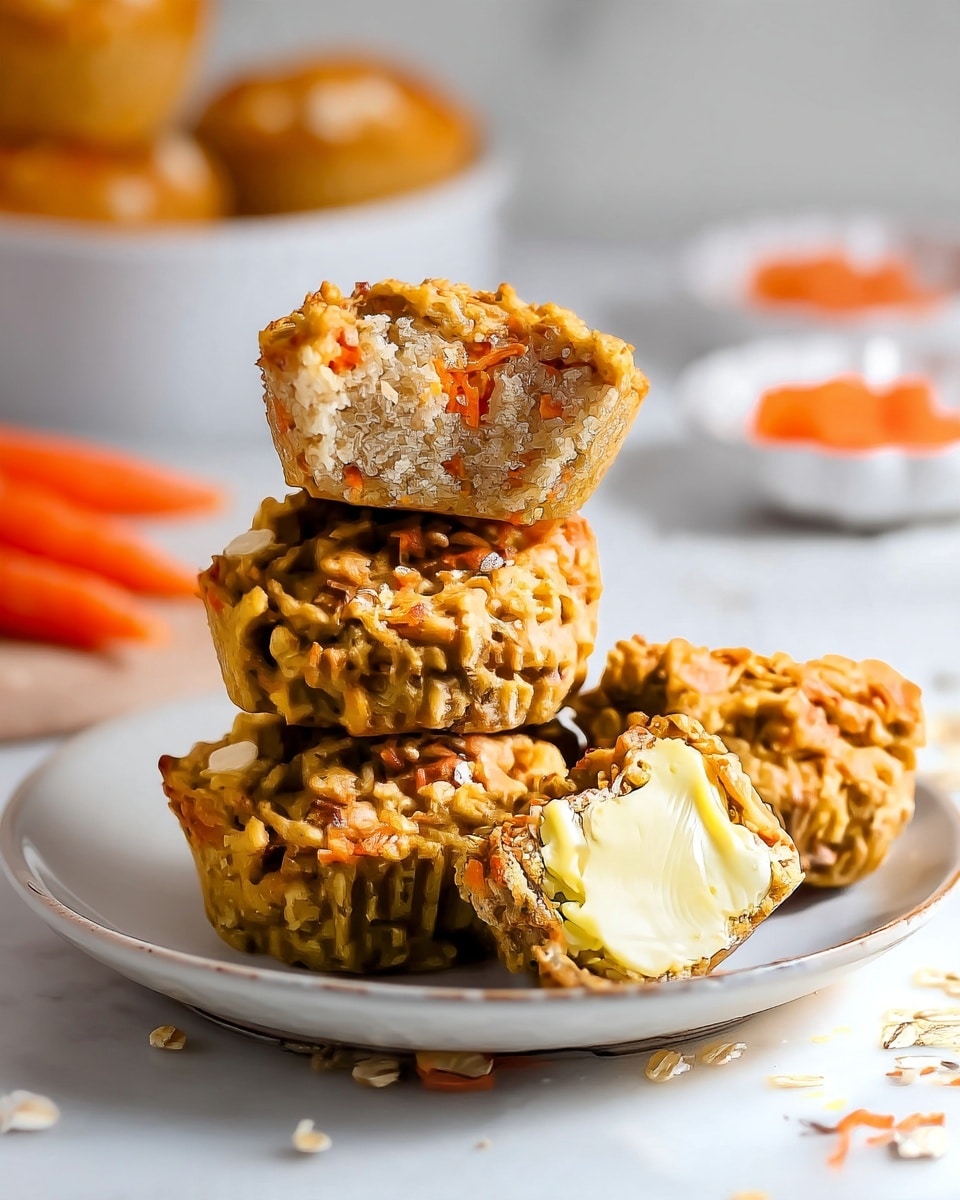 The image shows a white plate with four oat muffins stacked in a small pile. The muffins have a rough, slightly crumbly texture with visible oats and small orange carrot pieces. One muffin is broken open, placed in front, showing a creamy, pale yellow butter layer inside. The plate is set on a surface with a white marbled texture, and blurred items in the background include more muffins and a white bowl with a small amount of orange carrot pieces. photo taken with an iphone --ar 4:5 --v 7