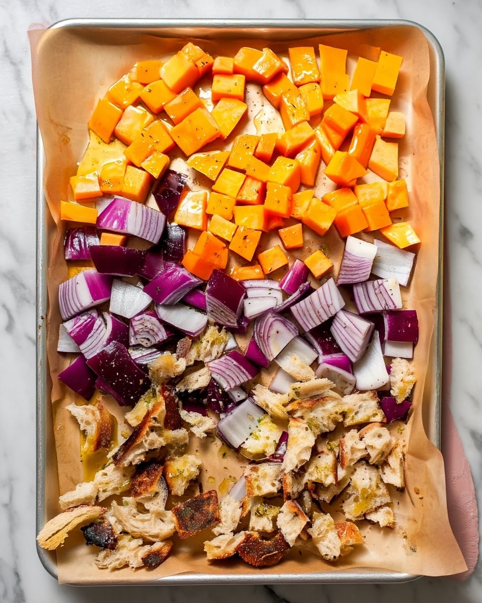 The image shows a baking tray lined with light brown parchment paper on a white marbled surface. On the tray, there are three groups of chopped ingredients: bright orange cubed sweet potatoes scattered mostly in the top and center areas, shiny purple-red chunks of red onion spread mostly on the left and bottom center, and torn pieces of toasted bread with golden crust and soft brown inside placed mostly at the bottom right. The ingredients are sprinkled with a light drizzle of oil and small green herb flakes. Photo taken with an iphone --ar 4:5 --v 7