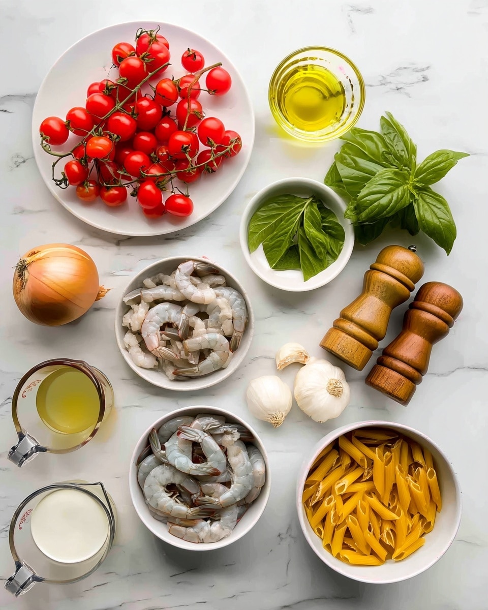 The image shows ingredients neatly arranged on a white marbled surface. There are ten items placed, including a white plate of bright red cherry tomatoes on the vine in the upper left, a wedge of light yellow cheese near the top center, and a small glass cup filled with golden olive oil to the right. Below the cheese, a white bowl contains fresh green basil leaves. To the bottom right is a white bowl with yellow uncooked penne pasta. Shrimp with a grayish-white color is in a white bowl near the bottom center. A small glass bowl with crushed red pepper flakes is near the middle, next to three white garlic cloves. There's a whole light brown onion on the left, a clear measuring cup filled with light yellow broth near the bottom left, and a small silver cup filled with white cream near the pasta. Two wooden pepper mills, one taller than the other, are on the right side. All items are spaced evenly, showing a clean and organized setup. Photo taken with an iphone --ar 4:5 --v 7