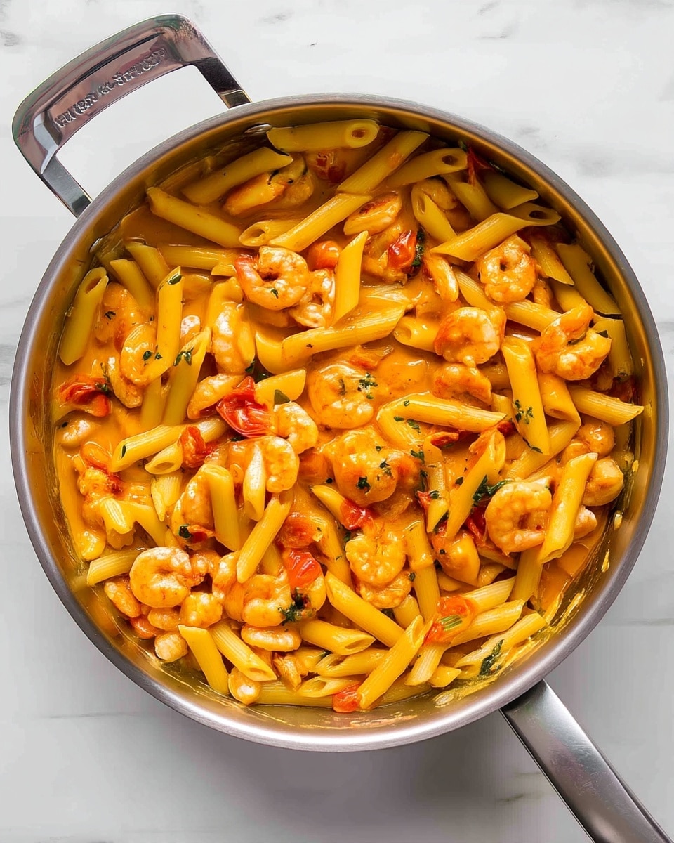 The image shows a stainless steel pan filled with a creamy orange sauce mixed with shrimp and penne pasta. The penne pasta is light yellow, with a smooth texture and tube shape, scattered evenly throughout the pan. The shrimp are pinkish-orange, curled, and mixed well among the pasta, adding a textured and slightly bumpy look. There are small pieces of red tomato and green herbs sprinkled on top, adding some color contrast. The pan is placed on a white marbled surface, making the colors of the dish stand out clearly. The handle of the pan is visible on the right side. photo taken with an iphone --ar 4:5 --v 7