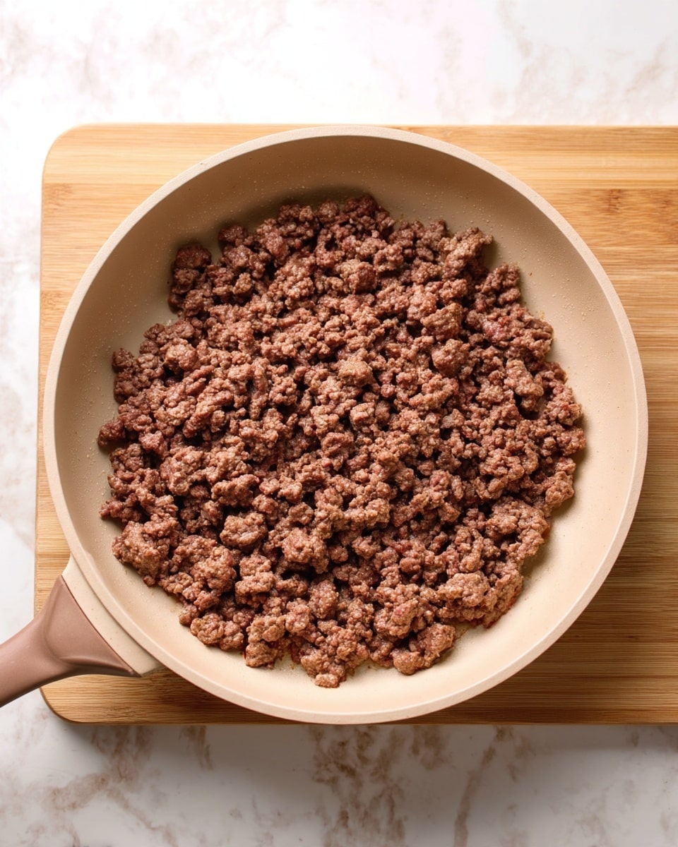 A beige frying pan filled with cooked ground meat that is brown with small crumbly pieces, evenly spread inside the pan. The pan is on a wooden surface, but the background is shown as white marbled texture. Photo taken with an iphone --ar 4:5 --v 7