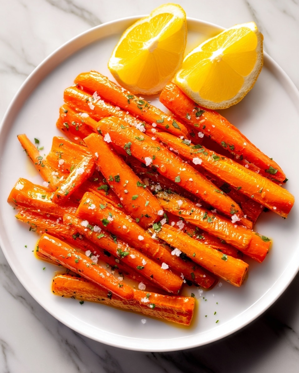 A white plate holds about two layers of bright orange roasted carrot sticks, each piece shiny with a light glaze. The carrots are sprinkled with small green herb bits and coarse salt, adding texture and color contrast. On the edge of the plate, two bright yellow-orange lemon wedges with visible juicy segments sit side by side. The scene is set on a white marbled surface. photo taken with an iphone --ar 4:5 --v 7