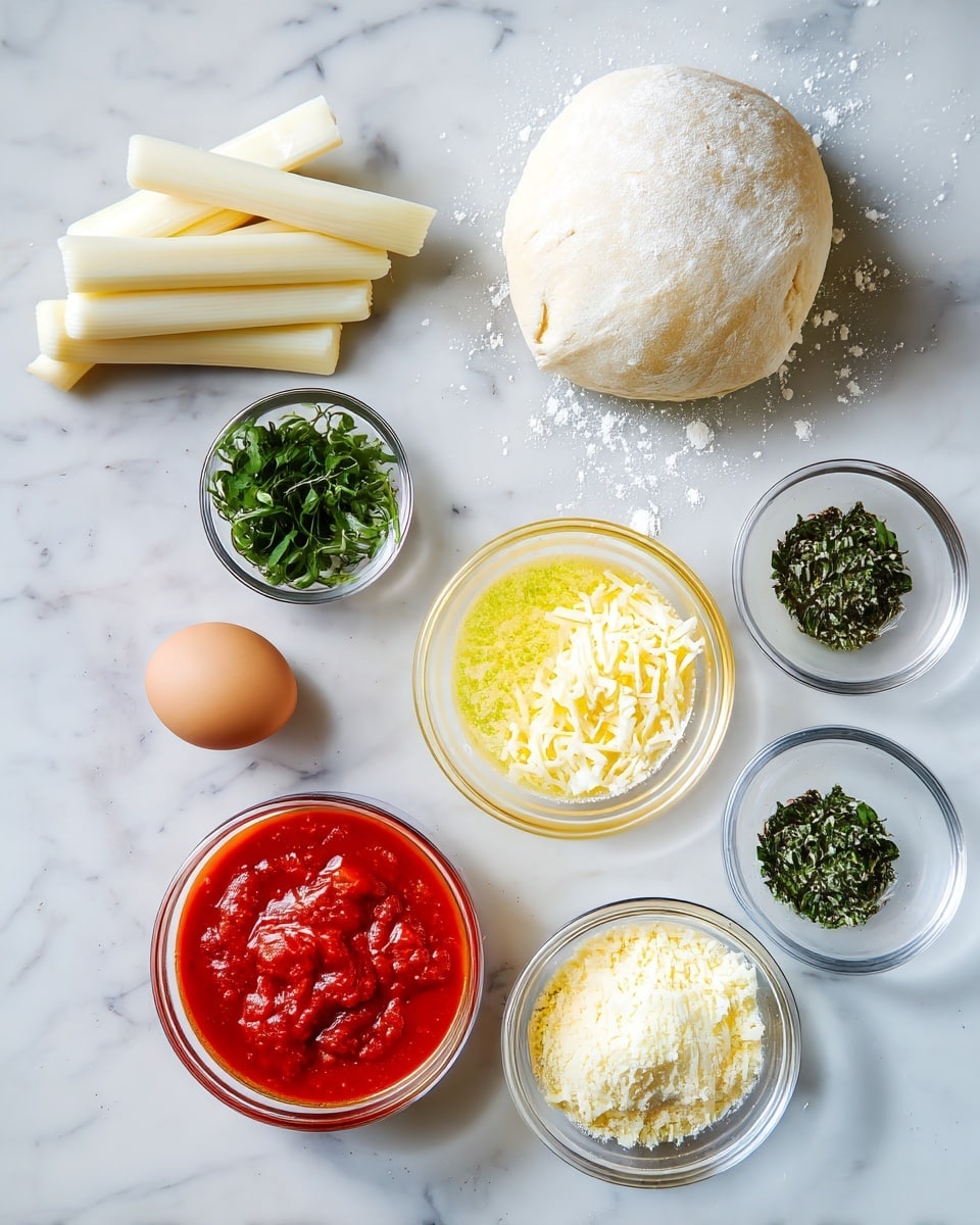 The image shows several clear glass bowls and an egg arranged neatly on a white marbled surface. Starting from the top, there is a round ball of dough dusted with flour, and nearby a stack of white sticks resembling cheese. Below these, there are five glass bowls: one with bright red tomato sauce, one with melted yellow butter, one filled with white grated cheese, and two small bowls with different green herbs—one finely chopped and the other a mix of dried herbs. The single brown egg rests near the tomato sauce bowl. All items are spaced evenly, creating an organized and clean layout photo taken with an iphone --ar 4:5 --v 7