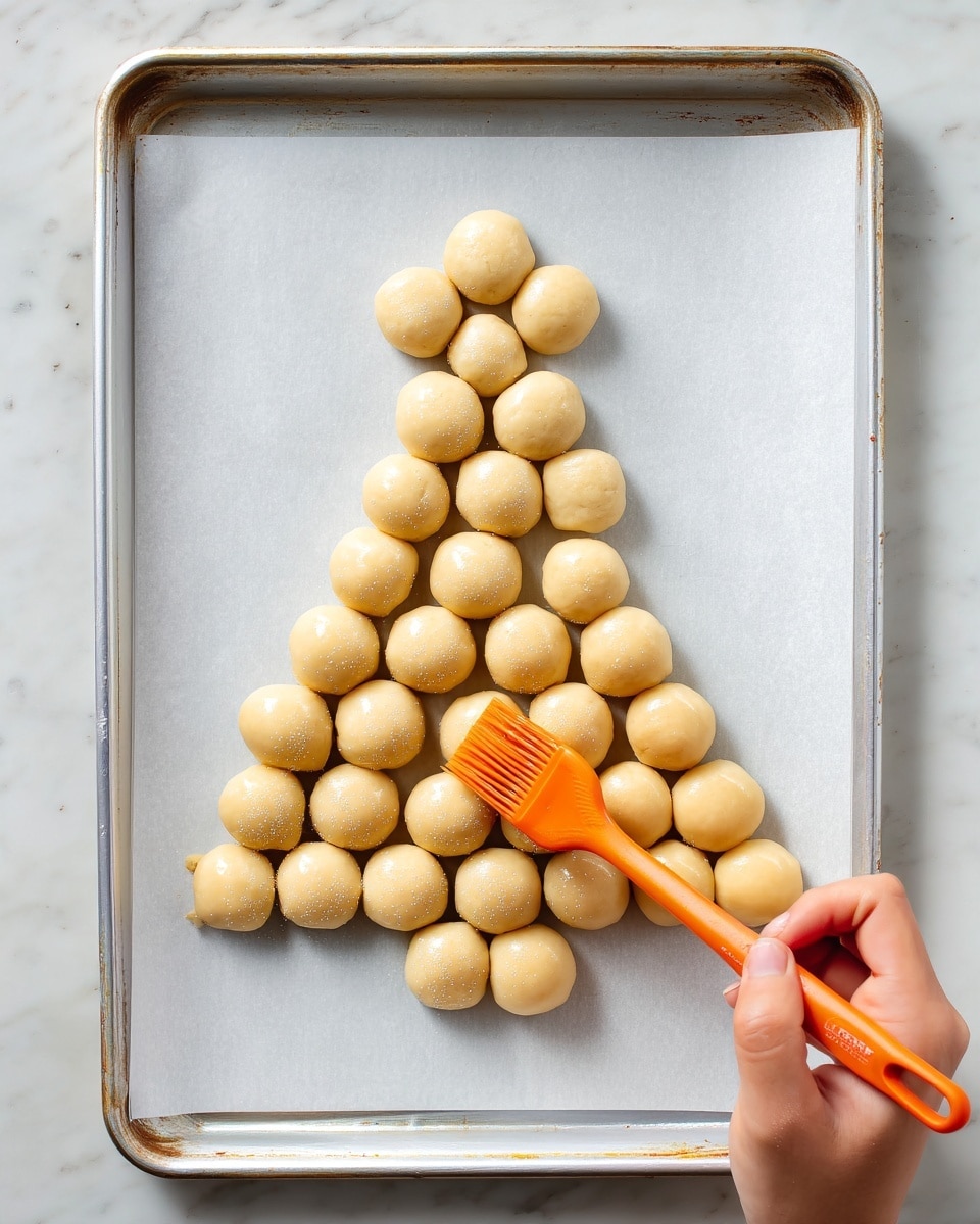 Small round dough balls are arranged in the shape of a Christmas tree on white parchment paper placed on a metal baking tray. The dough balls are light beige and smooth. The tree shape has seven rows, with a single dough ball at the top, widening to seven dough balls at the base. A woman's hand holds an orange pastry brush on the right side, brushing a shiny liquid over the dough balls. The tray is set on a white marbled surface. Photo taken with an iphone --ar 4:5 --v 7