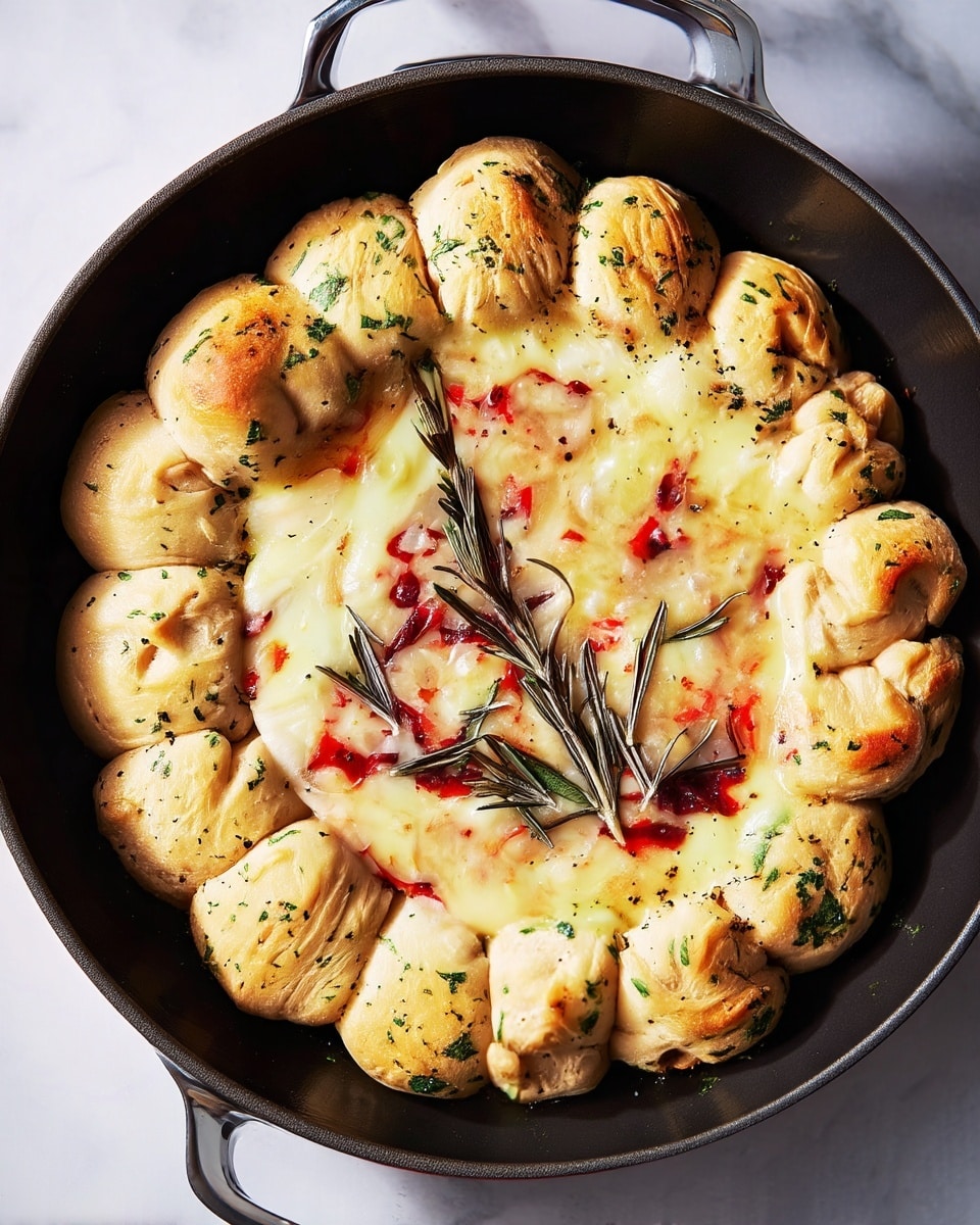 A round pan filled with a ring of golden baked dough pieces, each topped with green herbs, surrounding a creamy melted cheese layer with red specks of pepper and garnished with fresh rosemary sprigs in the center. A woman's hand is lifting one dough piece, stretching the soft, melted cheese in the middle, showing its gooey texture. The pan is placed on a white marbled surface with stacked white plates blurred in the background photo taken with an iphone --ar 4:5 --v 7