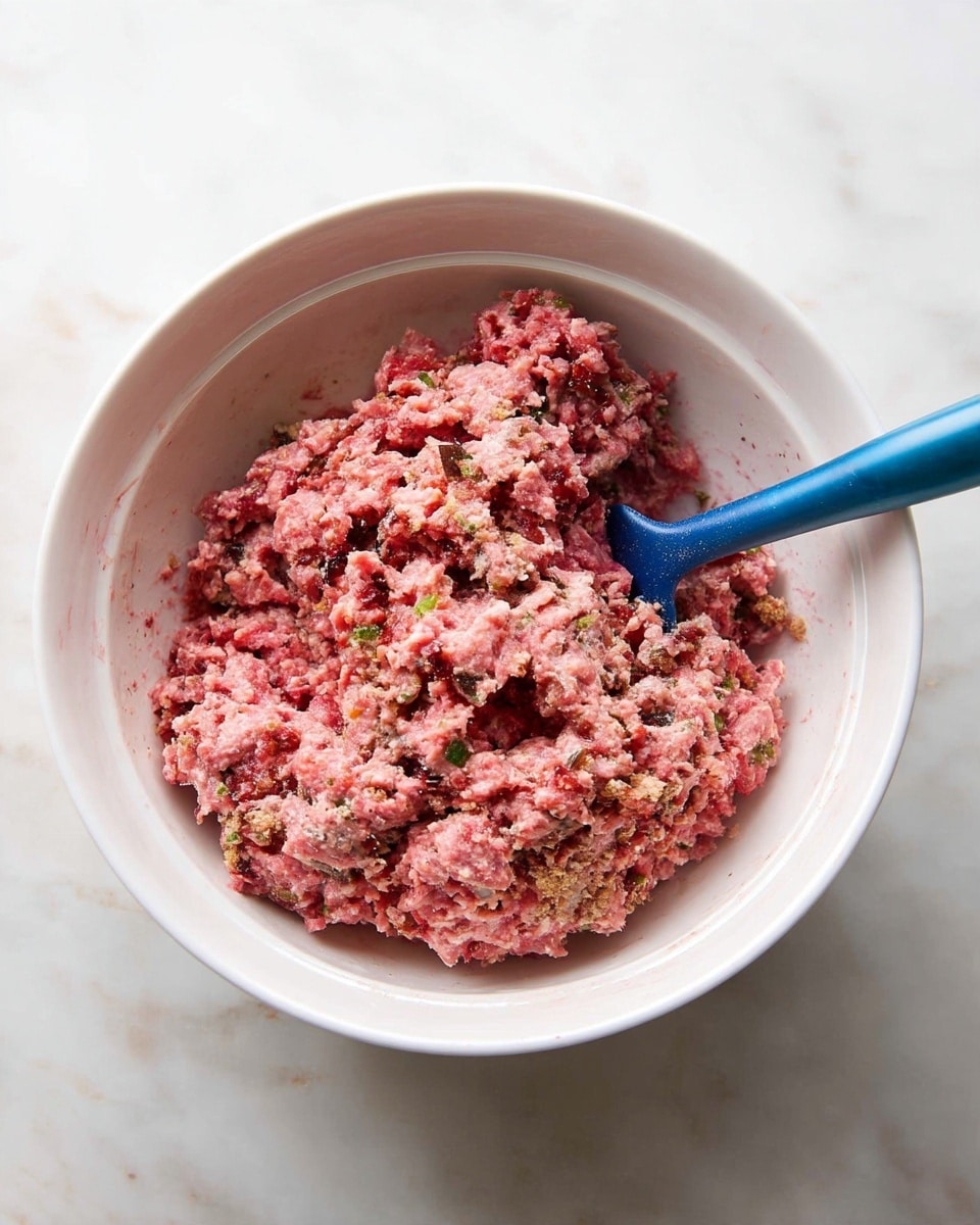 The image shows a close-up of a white bowl on a white marbled surface filled with a mixture of raw, pink ground meat combined with darker crumbs and small green bits, giving it a chunky and uneven texture. A blue silicone spatula is resting inside the bowl, partially buried in the mixture, with its handle leaning on the bowl's edge. The overall colors are mainly pink from the meat, brown from the crumbs, and green from the herbs or vegetables, with the white bowl providing a clean contrast. Photo taken with an iphone --ar 4:5 --v 7