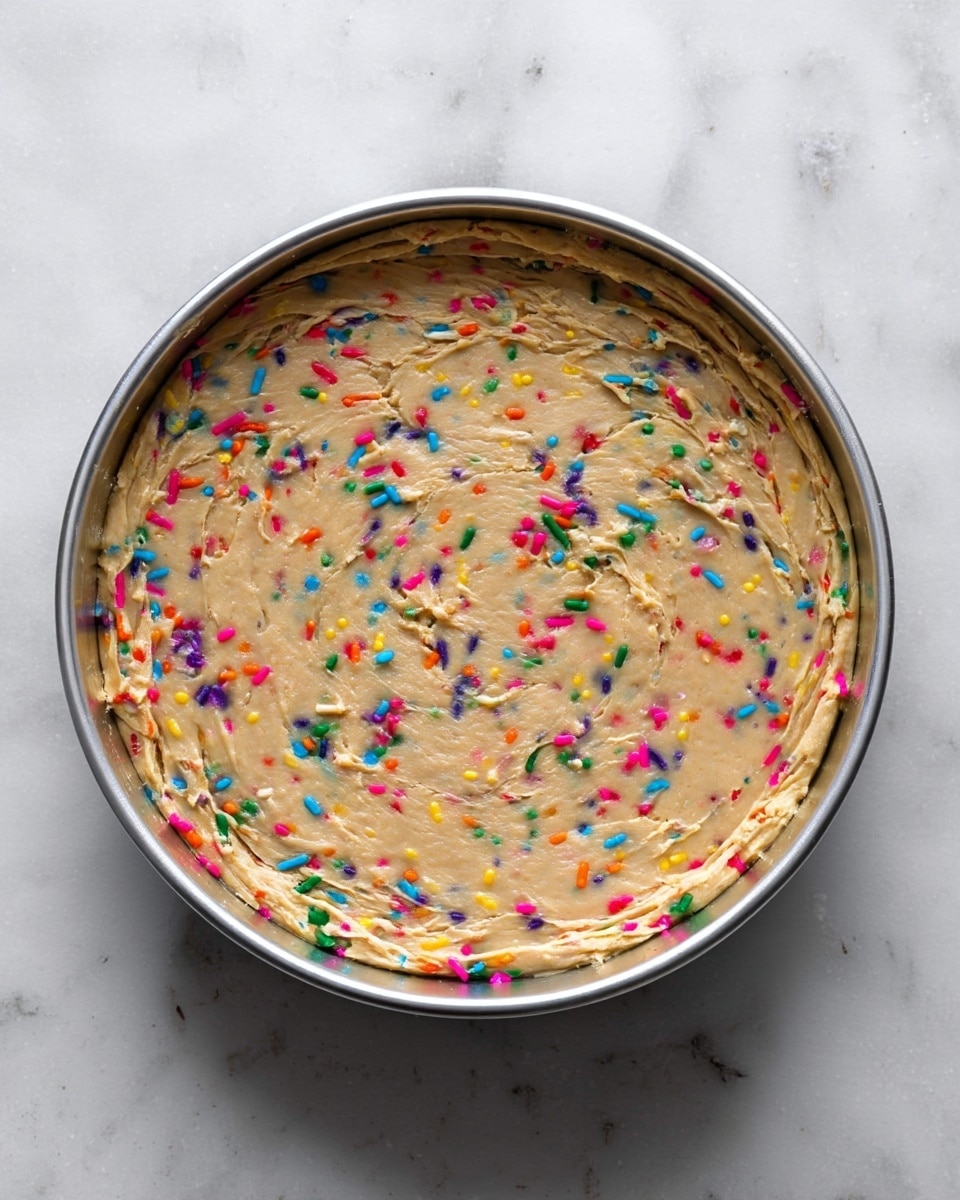 The image shows a single layer of dense, beige dough with colorful sprinkles mixed throughout, spread evenly inside a round silver baking pan. The dough's surface is slightly textured with swirls and small cracks, and the colorful sprinkles, in red, blue, green, yellow, purple, orange, and pink, are scattered all over the dough. The pan is placed on a white marbled textured surface. photo taken with an iphone --ar 4:5 --v 7