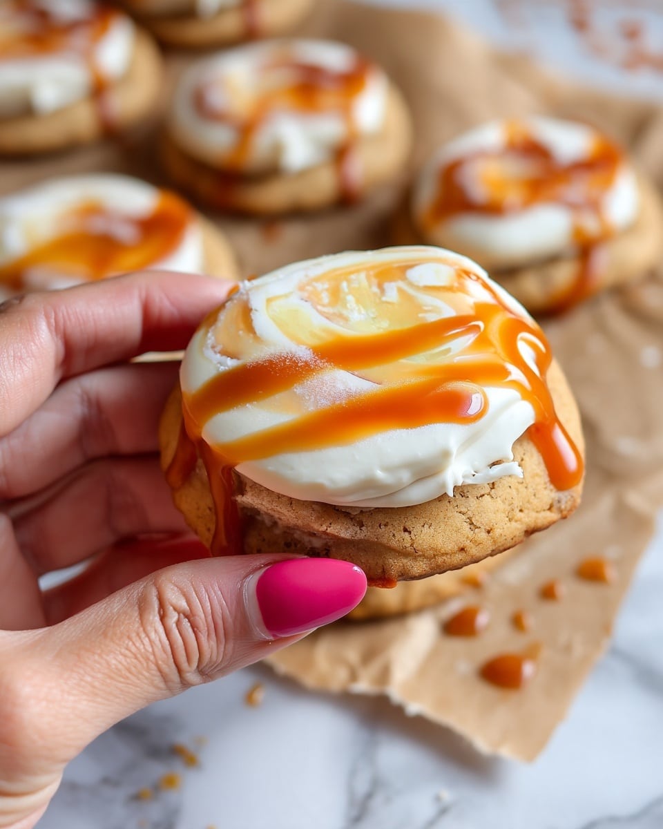 A woman's hand with bright pink nail polish holds a small round cookie topped with a thick layer of smooth white frosting swirled lightly, drizzled with shiny orange caramel sauce that drips slightly over the edge; underneath the frosting is a soft brownish cookie base with a slightly crumbly texture, all placed on a crinkled light brown paper with more similar cookies and caramel drops scattered in the blurred background, all set on a white marbled surface photo taken with an iphone --ar 4:5 --v 7