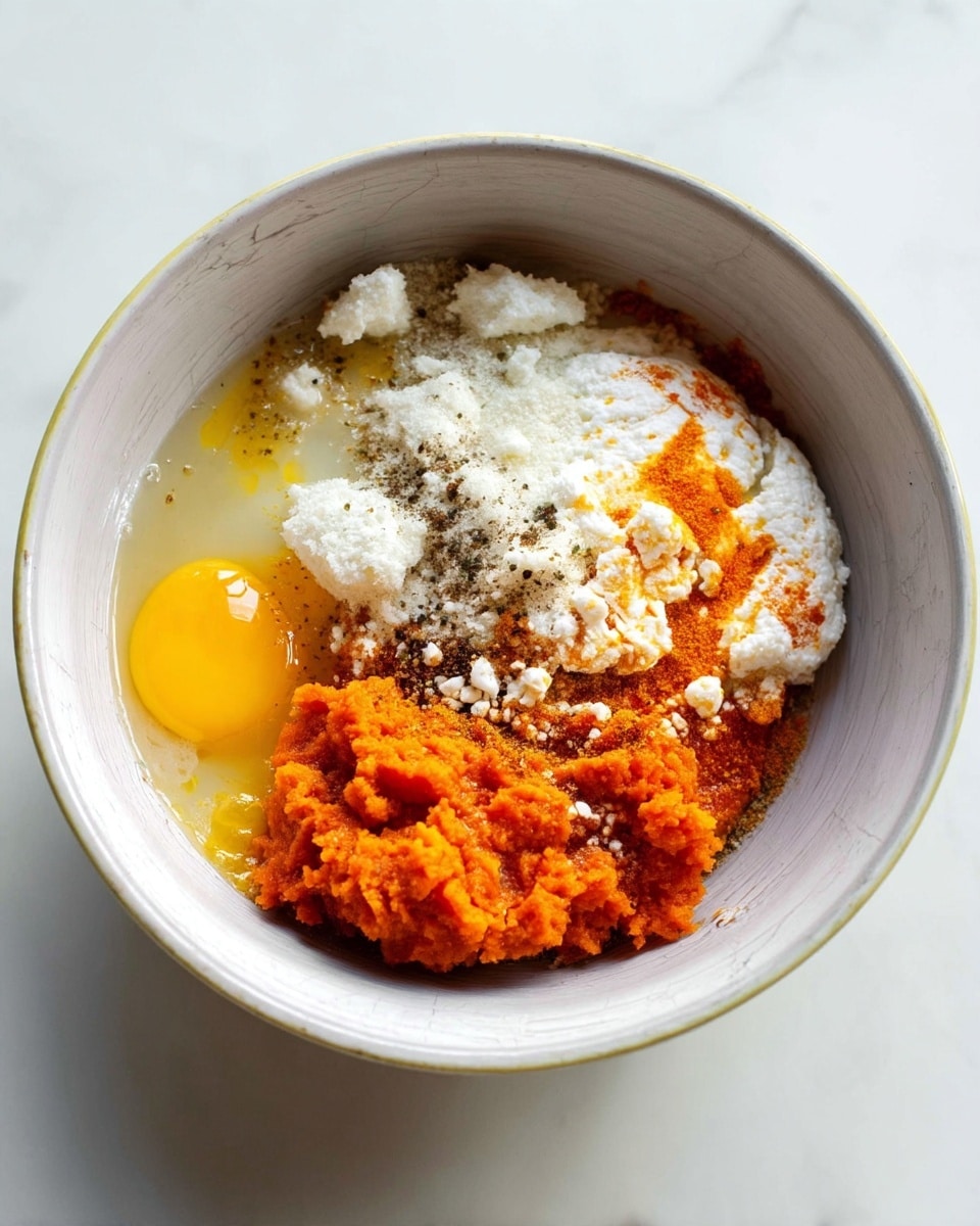 Inside a white bowl on a white marbled surface, there are several ingredients layered but not mixed. At the bottom left is a broken raw egg yolk with light yellow around it. Next to the egg yolk, at the lower center and right, is a bright orange mashed paste with a rough texture. Covering almost the entire right section of the bowl is a white crumbly cheese with some orange stains. On top of the cheese and the mashed paste, and spreading slightly toward the left, is a pile of white powder. Black ground pepper is sprinkled over the top of the white powder and parts of the cheese. The bowl has a rustic, slightly worn look, and all ingredients are clearly visible. Photo taken with an iphone --ar 4:5 --v 7