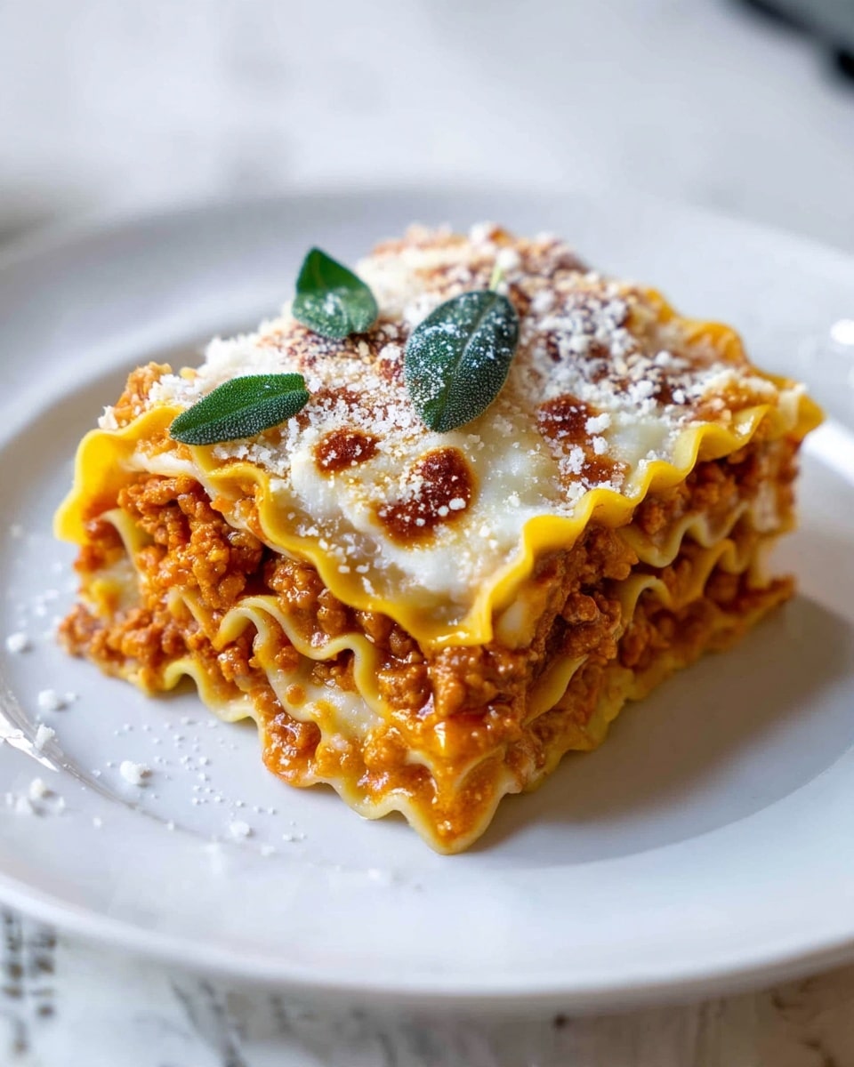 A slice of lasagna sits on a white plate over a white marbled surface. The lasagna has three visible layers of golden-yellow pasta sheets with thick, textured orange meat sauce in between. The top is covered with a creamy white cheese layer sprinkled with grated cheese and a couple of small green herb leaves. The edges of the pasta are ruffled and slightly browned. Photo taken with an iphone --ar 4:5 --v 7