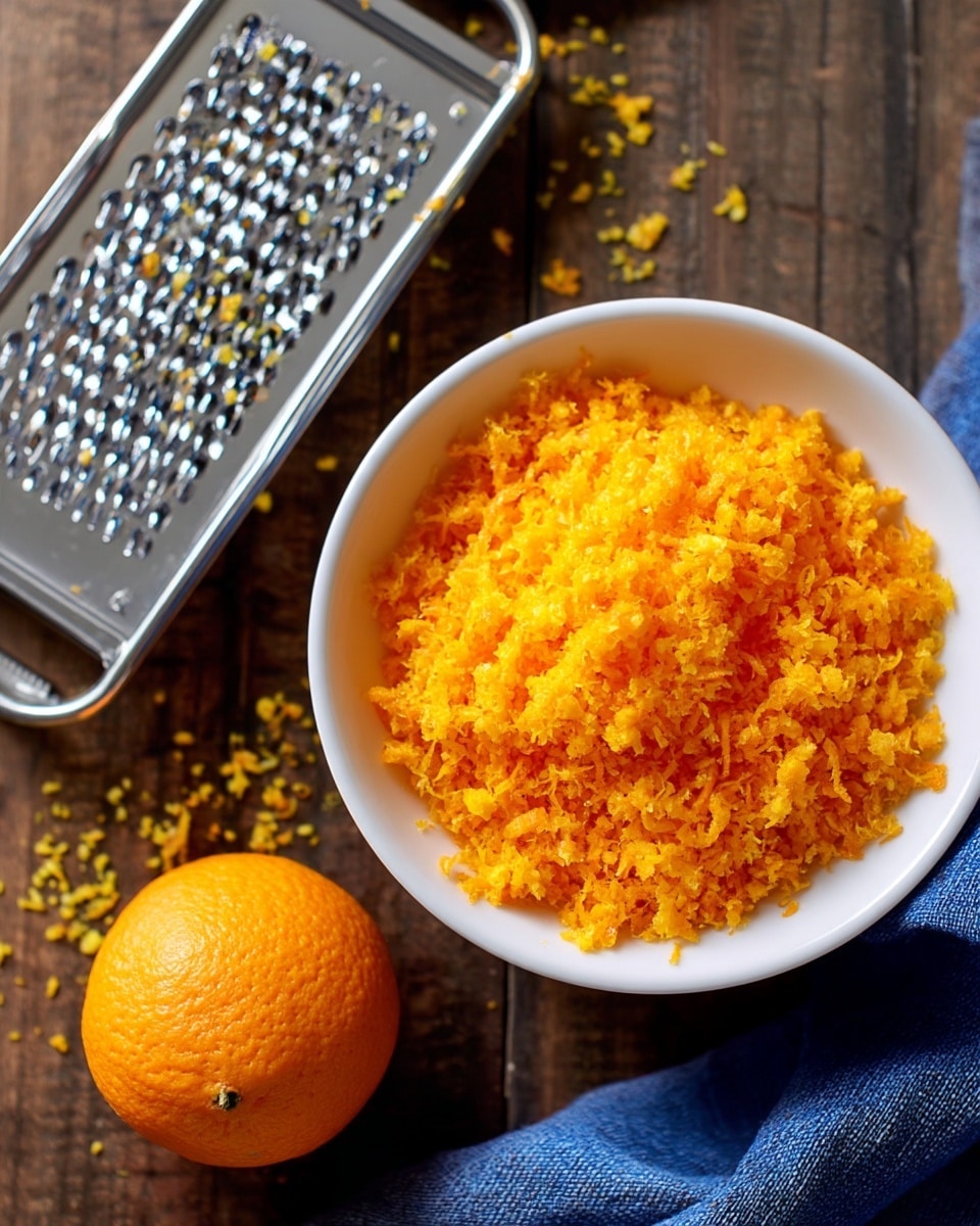 The image shows a close-up of a bright orange placed on a dark wooden surface next to a white bowl filled with finely grated orange zest mixed with juice, creating a slightly chunky, moist texture. A metal grater is positioned near the top left corner, indicating the zest was freshly grated. The scene is arranged simply with a touch of a blue cloth at the bottom right. photo taken with an iphone --ar 4:5 --v 7