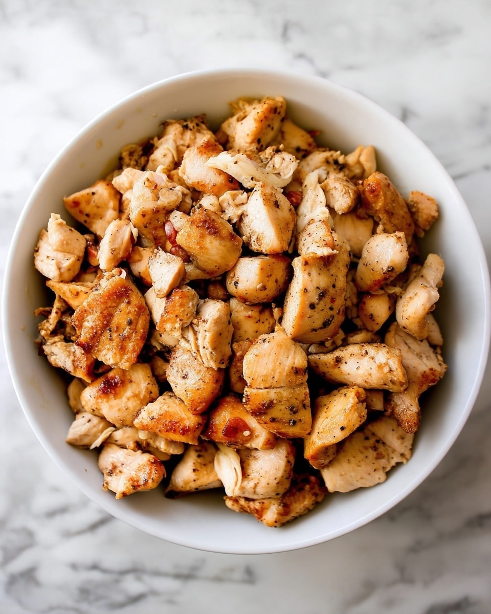 The image shows a white bowl filled with many small pieces of cooked chicken. The chicken pieces are light brown with some darker browned spots and have a slightly rough texture. Some parts have a sprinkle of black pepper or seasoning visible. The bowl sits on a white marbled surface, and there is no other visible element in the picture. photo taken with an iphone --ar 4:5 --v 7