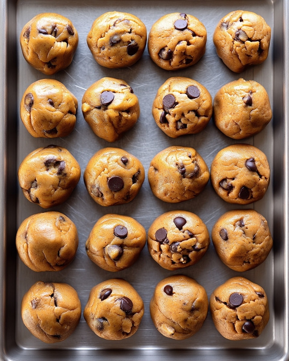 The image shows twelve round cookie dough balls arranged in a grid pattern on a metallic baking tray. Each ball is light brown with visible dark chocolate chips embedded in the dough, giving a textured appearance. The dough balls look smooth and slightly shiny with minor cracks and creases, and they sit on a flat metal surface. photo taken with an iphone --ar 4:5 --v 7