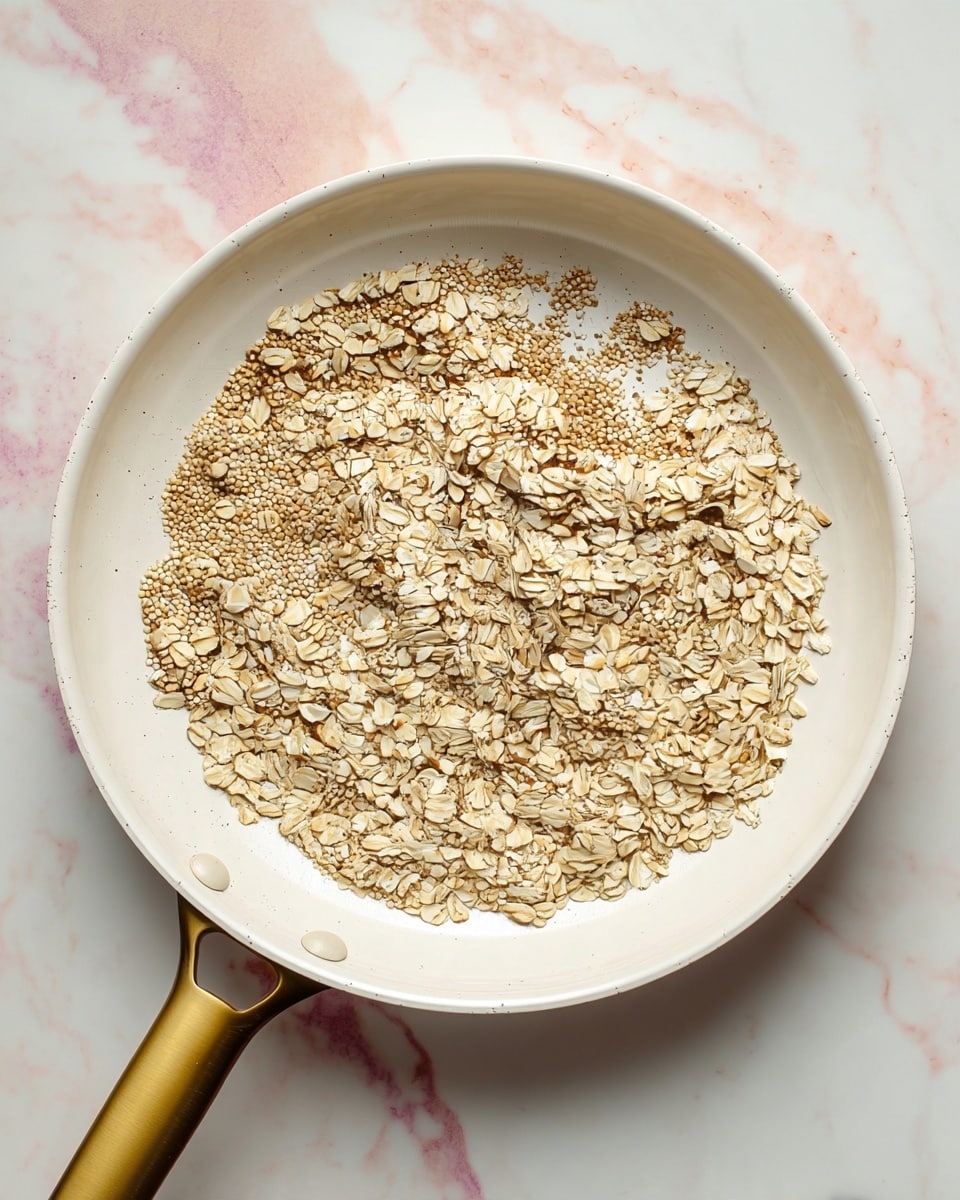 A close-up image of a white pan with a gold handle, filled with a mixture of light beige rolled oats and smaller, round, cream-colored quinoa grains, spread unevenly across the bottom. The oats have a slightly rough texture and are layered over the smoother, smaller quinoa seeds, creating a contrast between the two grains. The pan rests on a white marbled surface with pinkish hues visible at the top and bottom edges. photo taken with an iphone --ar 4:5 --v 7