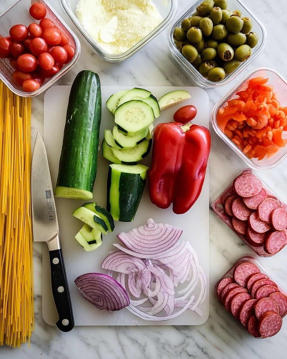 The image shows a white cutting board on a white marbled surface with various fresh ingredients arranged around it. On the board, there is a whole cucumber, partly peeled and sliced into thick green pieces with dark green skin and pale green inside. Next to it is a red bell pepper, several small red cherry tomatoes, and thin slices of purple onion in curved shapes. A knife with a black handle lies diagonally across the board. Around the board, there are containers with diced red tomatoes and grated cheese, whole cucumbers, a package of spaghetti sticks, small round sausage slices, and a jar filled with black olives. The colors are vibrant with reds, greens, purples, and yellows making the scene lively, all on a clean white marbled background. Photo taken with an iphone --ar 4:5 --v 7