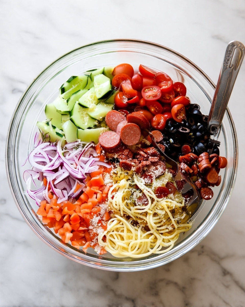 A clear glass bowl on a white marbled surface holds a layered salad arranged in sections. The top left has light green cucumber pieces, next to that are bright red cherry tomatoes halved. To the right are round slices of black olives and small rounds of reddish sausage. Below the sausages and olives is a nest of cooked pale yellow spaghetti noodles. To the left of the spaghetti are small diced orange carrots, followed by thin slices of purple onions. The whole bowl is sprinkled with white grated cheese, and a silver serving fork leans inside the bowl. Photo taken with an iphone --ar 4:5 --v 7