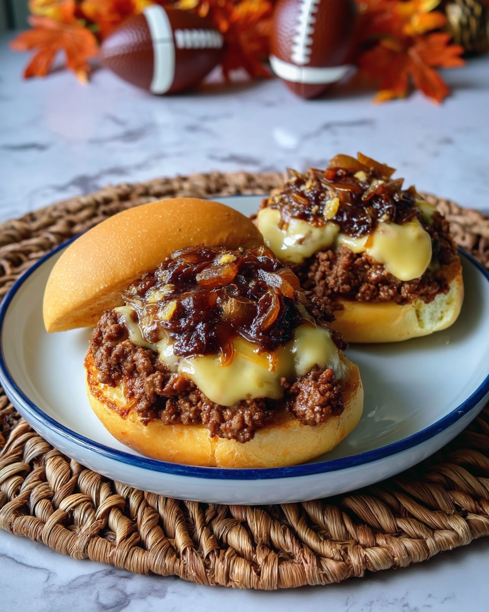 French Onion Sloppy Joes Recipe 5 The image shows two open sandwiches on a white plate with a blue rim, sitting on a woven mat over a white marbled surface. Each sandwich has three layers: the bottom layer is a soft, lightly toasted bun with a golden color; on top is a thick layer of cooked ground meat in a brown crumbly texture; the meat is covered with melted pale yellow cheese that slightly drips down the sides; on the very top, there is a dark, glossy layer of caramelized onions with a shiny texture. In the background, there are brown football-shaped decorations and autumn-themed orange leaves. photo taken with an iphone --ar 4:5 --v 7