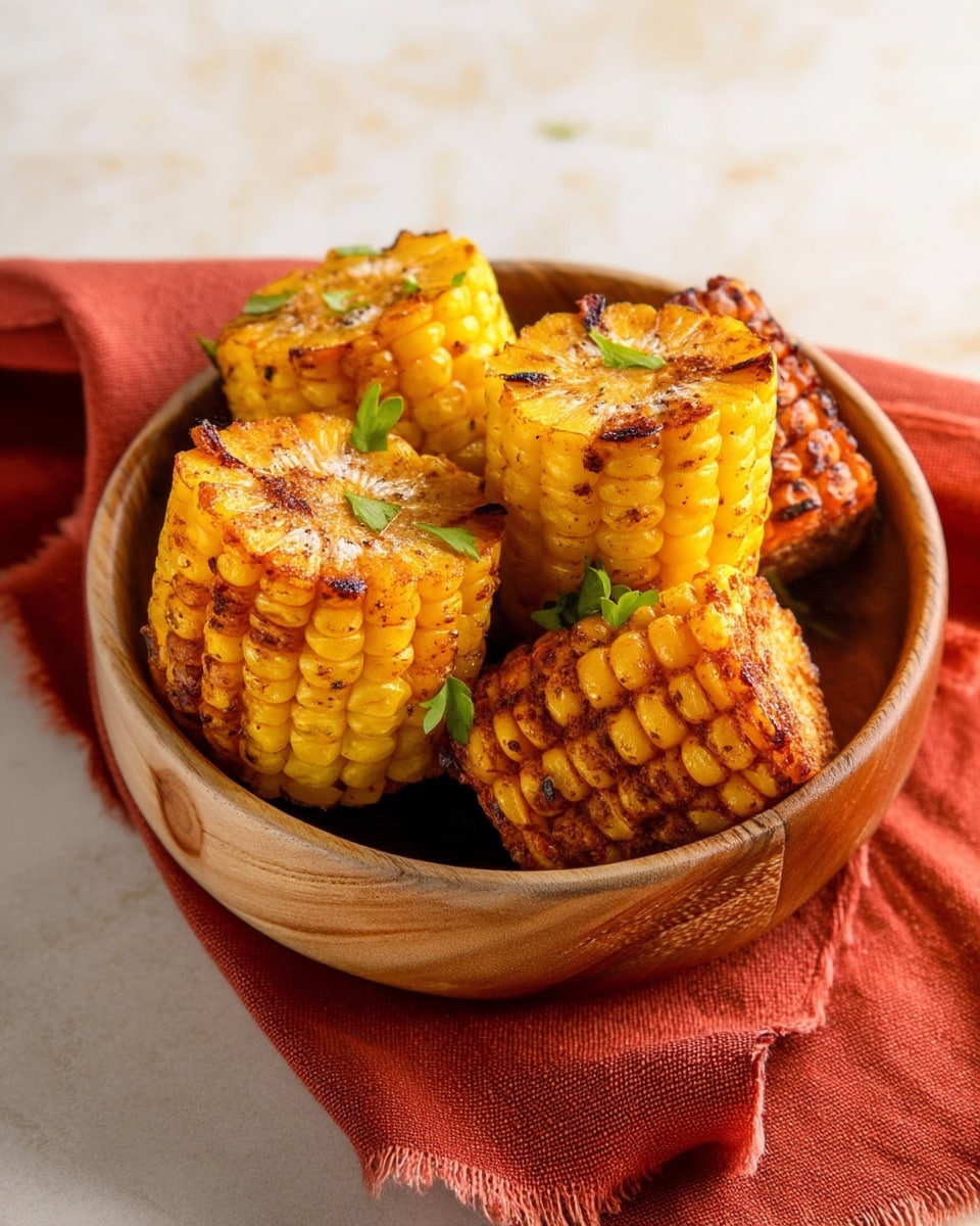 A wooden bowl filled with five pieces of grilled corn cut into thick rounds, each piece showing charred golden yellow kernels with a slightly crispy texture and some small green herb leaves scattered on top. The bowl rests on a soft, textured rust-colored cloth, and the whole setup is on a white marbled surface, creating a warm and rustic feel. The photo taken with an iphone --ar 4:5 --v 7