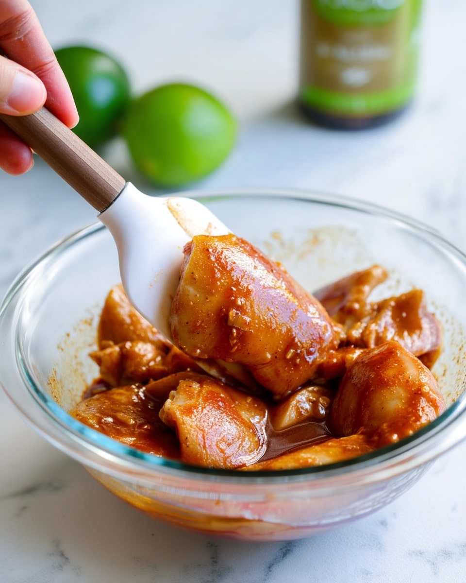 Fiesta Lime Chicken Recipe (Applebee's Copycat) Recipe 1 A clear glass bowl contains several light brown pieces of raw chicken coated in a reddish-brown marinade with a smooth texture. A woman's hand is visible holding a spatula with a wooden handle and white silicone tip, lifting one piece of marinated chicken from the bowl. In the blurred background, a whole lime and a bottle can be seen on a white marbled surface. photo taken with an iphone --ar 4:5 --v 7