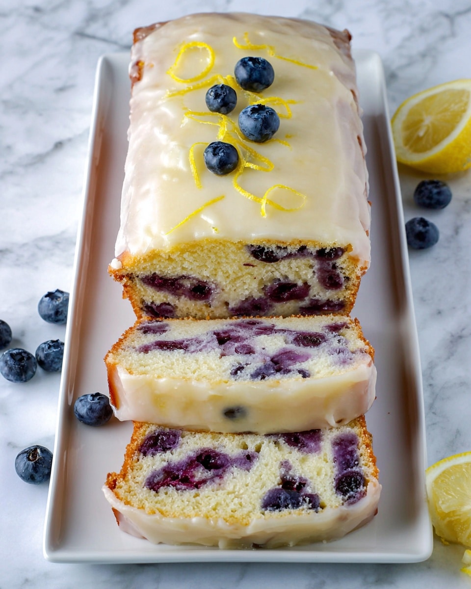 A loaf cake with two visible layers is shown on a white rectangular plate, placed on a white marbled surface. The top layer is covered with a smooth, creamy glaze that has a pale yellow color, and it is decorated with three fresh blueberries and thin lemon zest curls in the center. The cake's inside is light yellow with purple blueberry swirls spread unevenly throughout the bread, with two slices partially cut from the loaf in front. Around the plate on the marble surface are a few blueberries and two lemon wedges. photo taken with an iphone --ar 4:5 --v 7