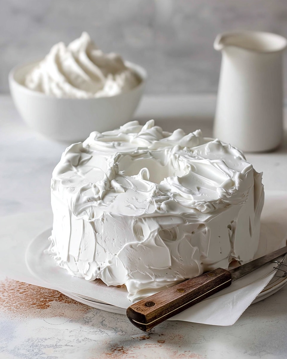 A single-layer round cake covered fully with thick, fluffy white frosting that has a textured, swirled, and slightly rough look. The frosting is spread unevenly with visible peaks and ridges on the top and around the sides. The cake sits on a white parchment base over a white marbled surface. A metal spatula with a worn wooden handle rests on the parchment beside the cake. In the background, there is a white bowl filled with the same white frosting and a white ceramic pitcher. Photo taken with an iphone --ar 4:5 --v 7