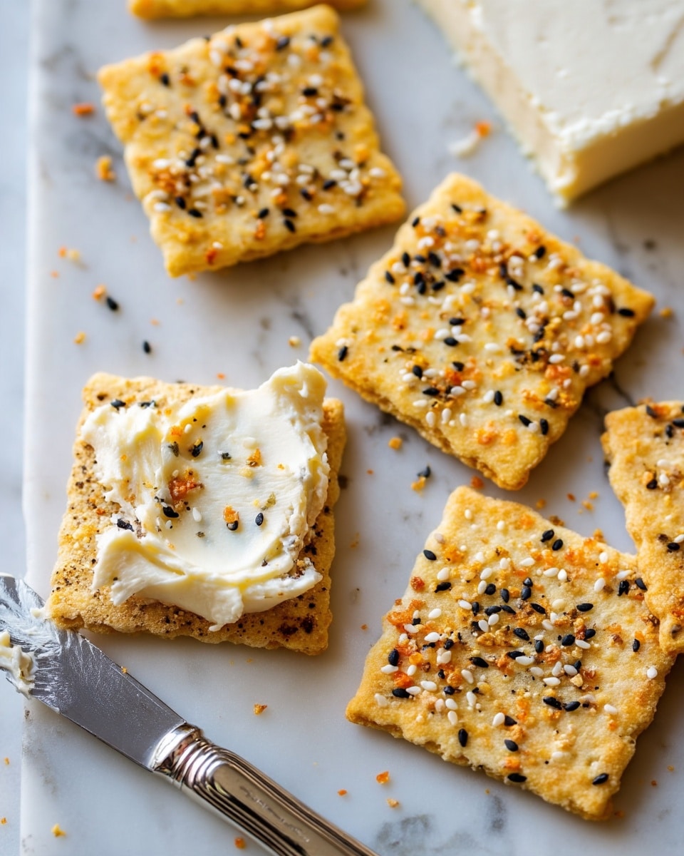 The image shows several square crackers arranged on a white marbled surface. The crackers have a light yellow color with a grainy texture and are sprinkled with a mix of black and white sesame seeds, along with some small orange seasoning bits. One cracker at the center has a thick layer of creamy white spread, slightly unevenly spread. Near the crackers, there is a partly used block of soft, creamy white cheese and a silver butter knife with some spread on its flat blade. The overall color tones are warm and inviting, with a clear focus on the texture and toppings on the crackers. photo taken with an iphone --ar 4:5 --v 7