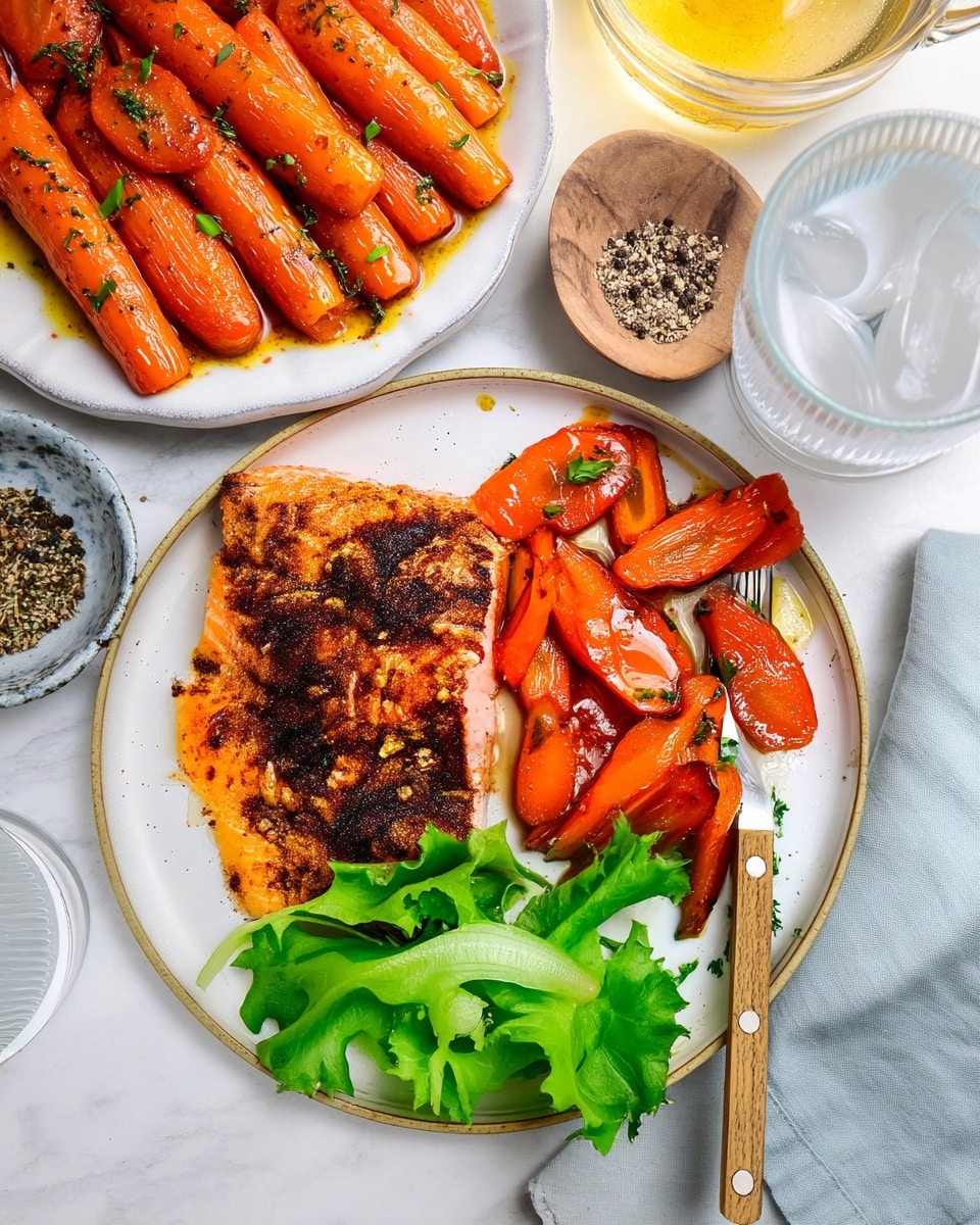 A white plate holds a meal with three parts: a piece of cooked salmon on the left side with a dark, crispy spice crust; in the middle and right side are bright orange glazed carrots with a shiny texture and sprinkled with small green herbs; at the bottom, there is a small bunch of fresh green lettuce. A fork with a wooden handle rests on the right side of the plate. Above this is a larger white plate filled with more glazed carrots in a pool of yellow oil, with a spoon and fork with wooden handles resting on top. Nearby, there is a small bowl with cracked black pepper, a glass filled with ice and water, and a light blue cloth on a white marbled surface. Photo taken with an iphone --ar 4:5 --v 7