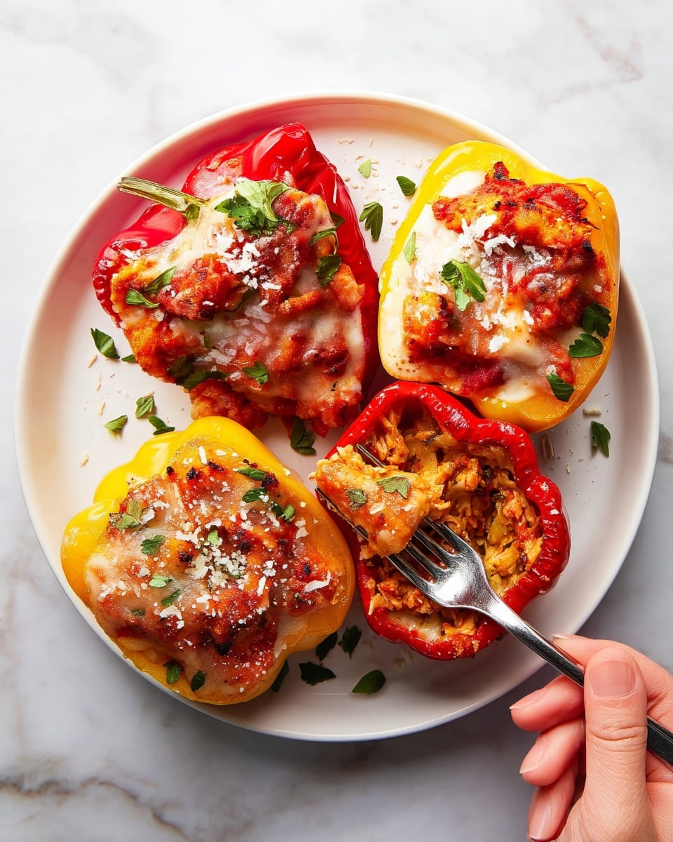 Chicken Parm Stuffed Peppers Recipe 5 The image shows four stuffed bell peppers on a white plate placed on a white marbled surface. There are two red peppers, one yellow pepper, and one pale yellow pepper, each cut in half and filled with a mixture topped with melted cheese that has light brown spots, indicating baking. The filling inside is chunky and reddish, with some green herbs sprinkled on top and around on the plate. A fork held by a woman's hand holds a bite of the filling from one red pepper, showing the soft texture of the inside. The overall look is warm and cheesy with fresh herb accents. photo taken with an iphone --ar 4:5 --v 7