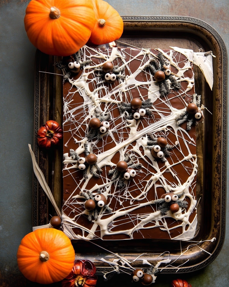 A rectangular chocolate bar with a smooth dark brown surface is covered with thin, uneven white chocolate lines that create a web-like pattern on top. Small round chocolate balls with white candy eyes are placed on the bar, each decorated with dark crumbled pieces shaped like spider legs, making them look like little spiders scattered across the chocolate base. The chocolate bar rests on a worn metal baking tray with two small orange pumpkins near its edges. Photo taken with an iphone --ar 4:5 --v 7