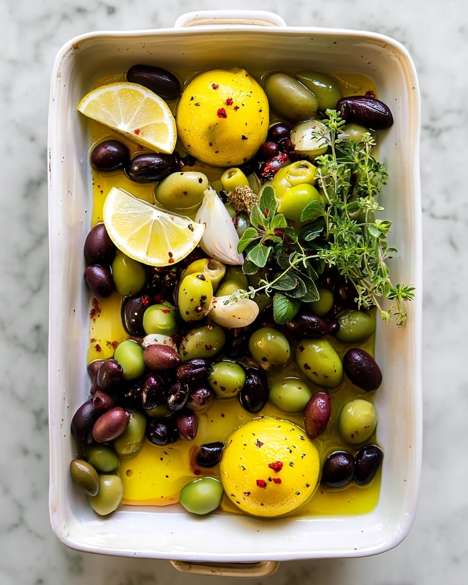 Honey Whipped Feta with Garlic Herb Roasted Olives Recipe 4 A white rectangular dish holds a mix of green and dark purple olives scattered across the base, coated lightly with golden olive oil. Among the olives are wedges of bright yellow lemon, placed mainly in the corners and towards the center, sprinkled with small red flakes. White shallot pieces are nestled among the olives, with fresh green herb sprigs laid on top right, showing small leaves and delicate flowers. The dish sits on a white marbled surface, enhancing the fresh colors of the ingredients. photo taken with an iphone --ar 4:5 --v 7