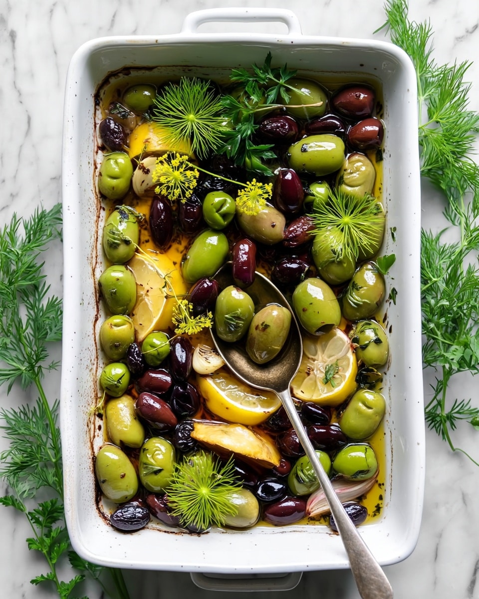 Honey Whipped Feta with Garlic Herb Roasted Olives Recipe 5 A white rectangular baking dish filled with three layers of mainly green and dark purple olives, scattered whole garlic cloves, and quarter lemon slices; the olives appear shiny and slightly wrinkled. Sprigs of fresh green herbs and small dill flowers are spread on top, adding a textured leafy look. The garlic cloves are off-white and soft, some showing light roasting, while the lemon wedges have a bright yellow color with slightly browned edges. A silver spoon rests inside the dish, holding some olives. The baking dish is placed on a white marbled surface with some green herb sprigs nearby. Photo taken with an iphone --ar 4:5 --v 7