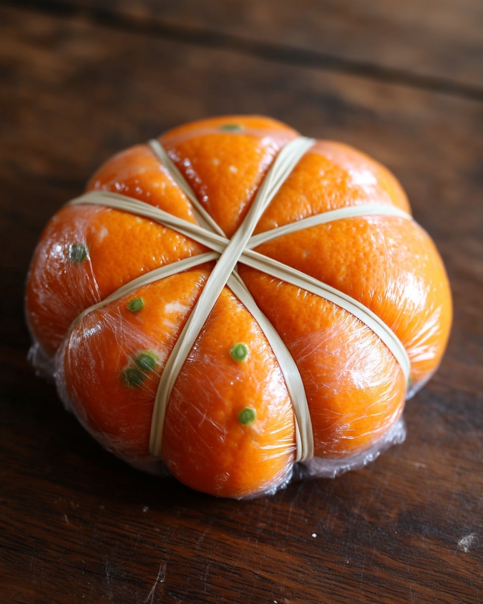 The image shows a round food item wrapped in clear plastic wrap, divided into eight plump, orange-colored segments with a few white and green spots visible. Each segment is held tightly together with four light beige rubber bands crossing over the top in a star shape. The whole item sits on a dark brown wooden surface. photo taken with an iphone --ar 4:5 --v 7