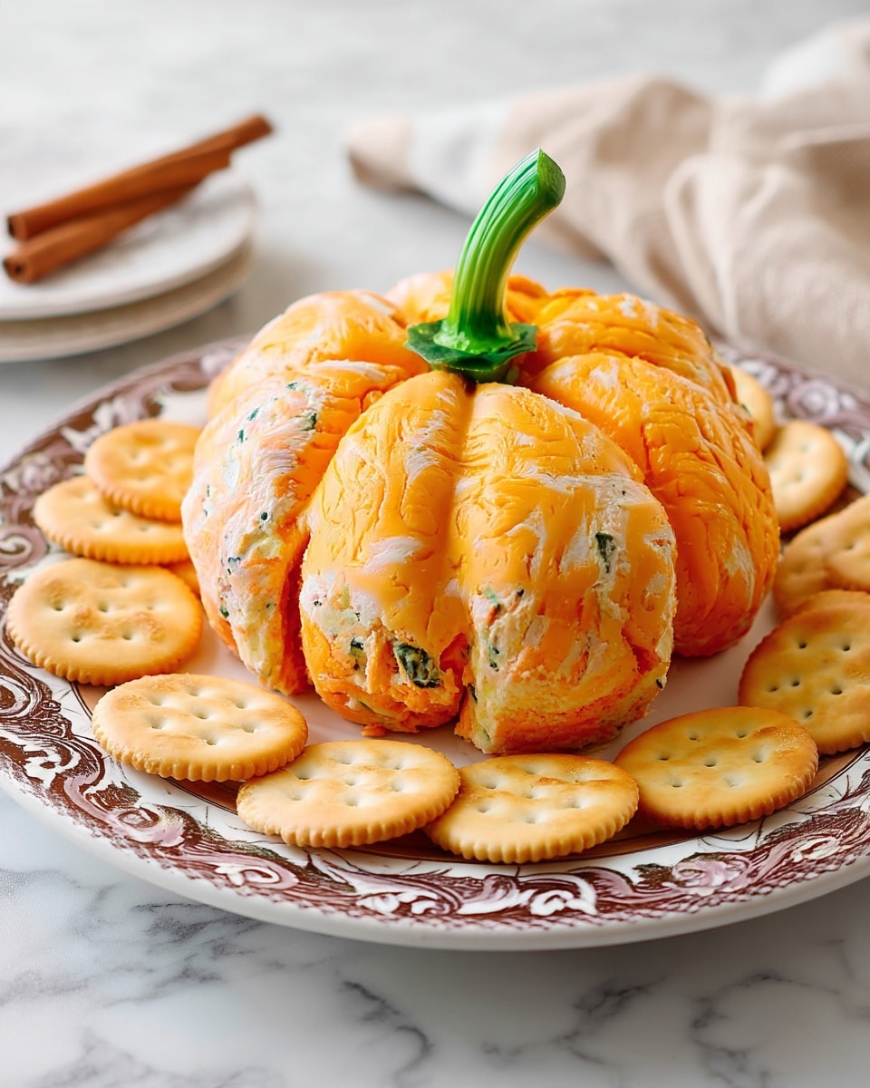 A round cheese ball shaped like a pumpkin with an orange outer layer textured like soft cheese, and a green stem on top to resemble a pumpkin stem. The cheese ball has carved sections to show small hints of white and green mixed inside, indicating herbs or seasoning. It is placed in the center of a white plate with intricate brown patterns on the rim. Around the cheese ball, there is a single layer of round, beige crackers evenly spaced. The plate sits on a white marbled surface, with a folded beige cloth napkin and a cinnamon stick slightly visible in the background. Photo taken with an iphone --ar 4:5 --v 7