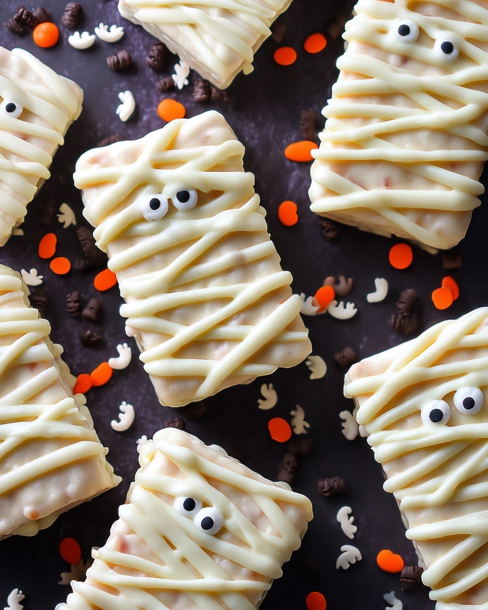 The Easiest Mummy Rice Krispie Snacks Recipe 5 Several rectangular treats are shown on a dark surface with scattered Halloween-themed sprinkles in orange, white, and brown. Each treat is covered with a smooth off-white layer of icing and decorated with an extra layer of icing piped in crisscross lines to look like mummy wraps. Small, round candy eyes with white and black details are placed near the top center of each treat, giving them a cute face. The treats have a soft, creamy texture, and the whole scene looks bright and festive. Photo taken with an iphone --ar 4:5 --v 7