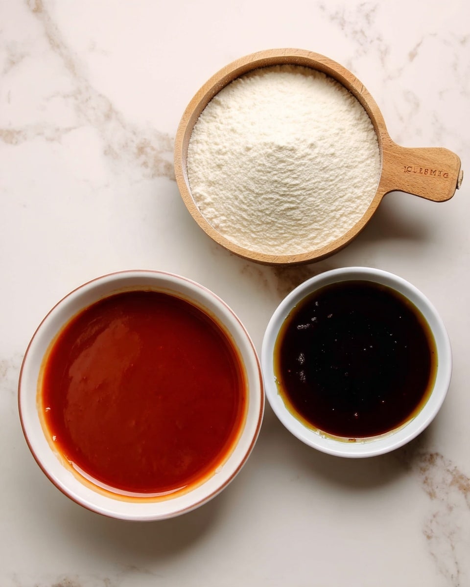 The image shows three containers with different cooking ingredients placed on a white marbled surface. At the top right, there is a wooden measuring cup filled with a white powdery ingredient, likely flour. Below on the left is a white bowl with a thin reddish-brown edge, holding a smooth, thick, pale orange sauce. To the right, there is another small, plain white bowl filled with a dark brown, glossy liquid. The arrangement is neat with the containers spaced somewhat evenly. Photo taken with an iphone --ar 4:5 --v 7