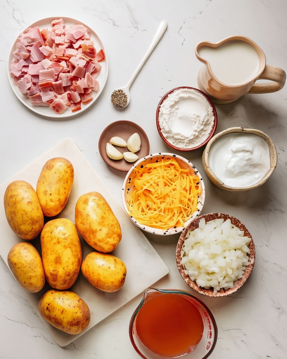 The BEST Potato Soup Recipe 4 The image shows several ingredients arranged on a white marbled surface. There are six whole yellow potatoes on a light board in the bottom left. Above them to the left is a white plate with a pile of chopped pink ham. Near the center is a small brown plate holding four peeled garlic cloves. To the right of the garlic is a white bowl with black specks filled with shredded yellow cheese. Above the cheese bowl is a small brown bowl full of white flour, and next to that is a small tan pitcher with milk. Below the milk is a small bowl containing white sour cream, and next to it, a small brown bowl filled with diced white onions. Lastly, at the bottom right corner, there is a glass container with orange-colored broth. In the middle top, a white spoon holds some crushed black pepper. The photo taken with an iphone --ar 4:5 --v 7