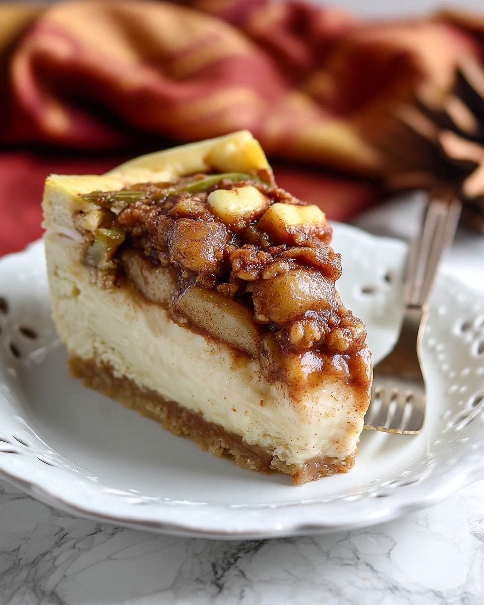 A slice of cake on a white plate with small decorative holes around the edge and a gold rim. The cake has two layers: a thick, creamy light beige bottom layer and a chunky brown topping with bits of nuts and green pieces mixed in. The slice looks moist with a slightly rough texture on top. A silver fork with a thin handle rests on the plate beside the cake. The plate sits on a table with a few pine cones and soft pink cloth in the background, all placed on a white marbled surface. Photo taken with an iphone --ar 4:5 --v 7