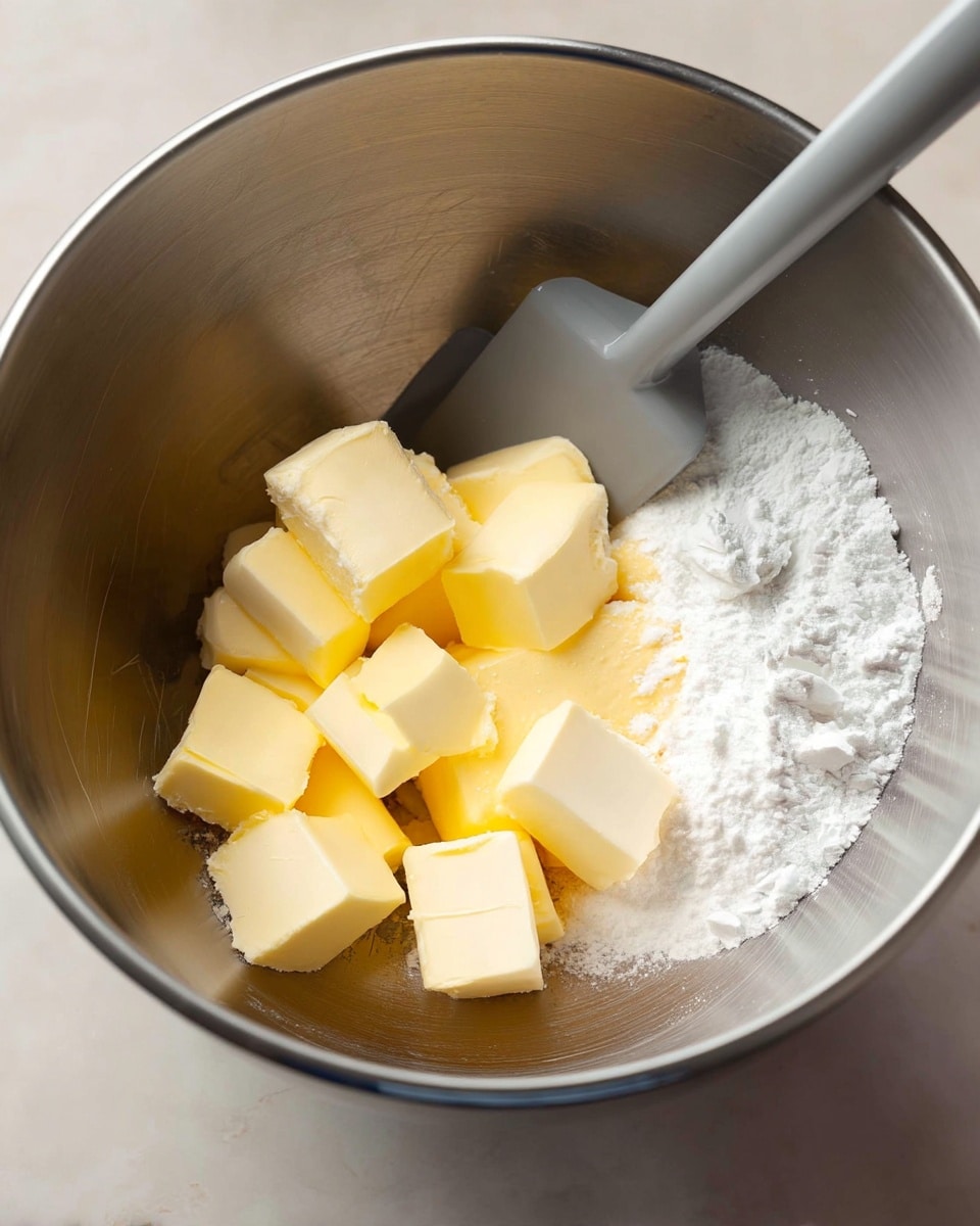 Inside a shiny silver mixing bowl, there is one layer of white powdery sugar spread on the right side, next to several cubes of pale yellow butter stacked loosely on the left. A gray mixing paddle is positioned above the ingredients, ready to blend them together. The bowl sits on a white marbled surface. photo taken with an iphone --ar 4:5 --v 7