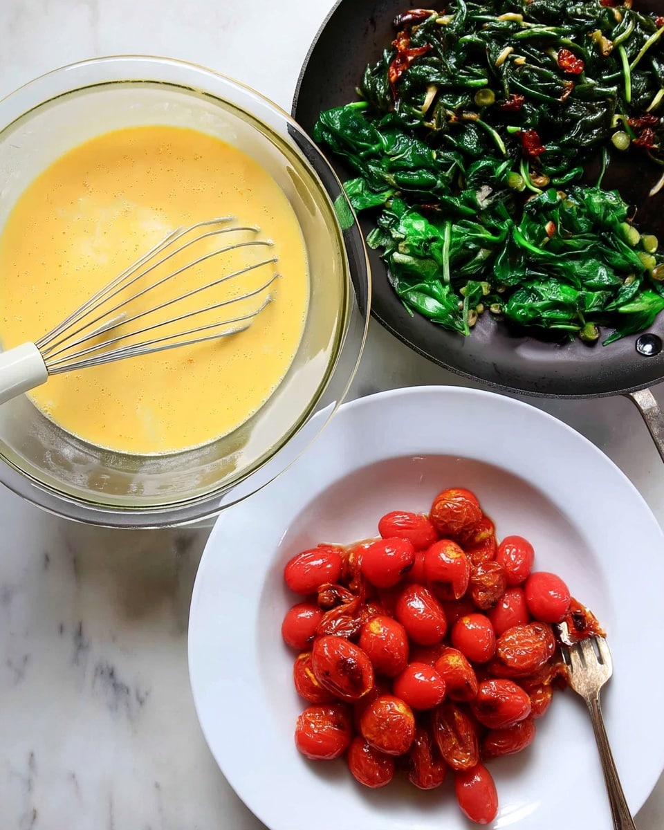 The image shows three items on a white marbled surface: a large clear glass bowl on the left filled with a light yellow, smooth, creamy mixture with a white and silver whisk resting inside it; a white plate on the bottom right holding bright red, shiny roasted tomatoes; and a frying pan on the top right containing cooked dark green spinach with small bits of light brown toasted bits mixed in. photo taken with an iphone --ar 4:5 --v 7