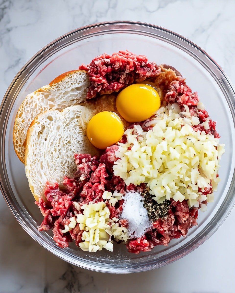 Baked Meatballs Recipe 4 Inside a clear glass bowl on a white marbled surface, there are five main layers of ingredients. The bottom layer has two large white bread slices with a soft texture, placed side by side. On top, there is raw ground beef spread around the center. Two bright yellow egg yolks sit close together near the top middle. Diced onions, pale and slightly translucent, cover the right side of the beef. Near the bottom left are chopped garlic pieces, and next to them are small piles of white salt and black pepper, creating a contrast with the red meat. The layers show a mix of rough, smooth, and grainy textures, all clearly separated. Photo taken with an iphone --ar 4:5 --v 7