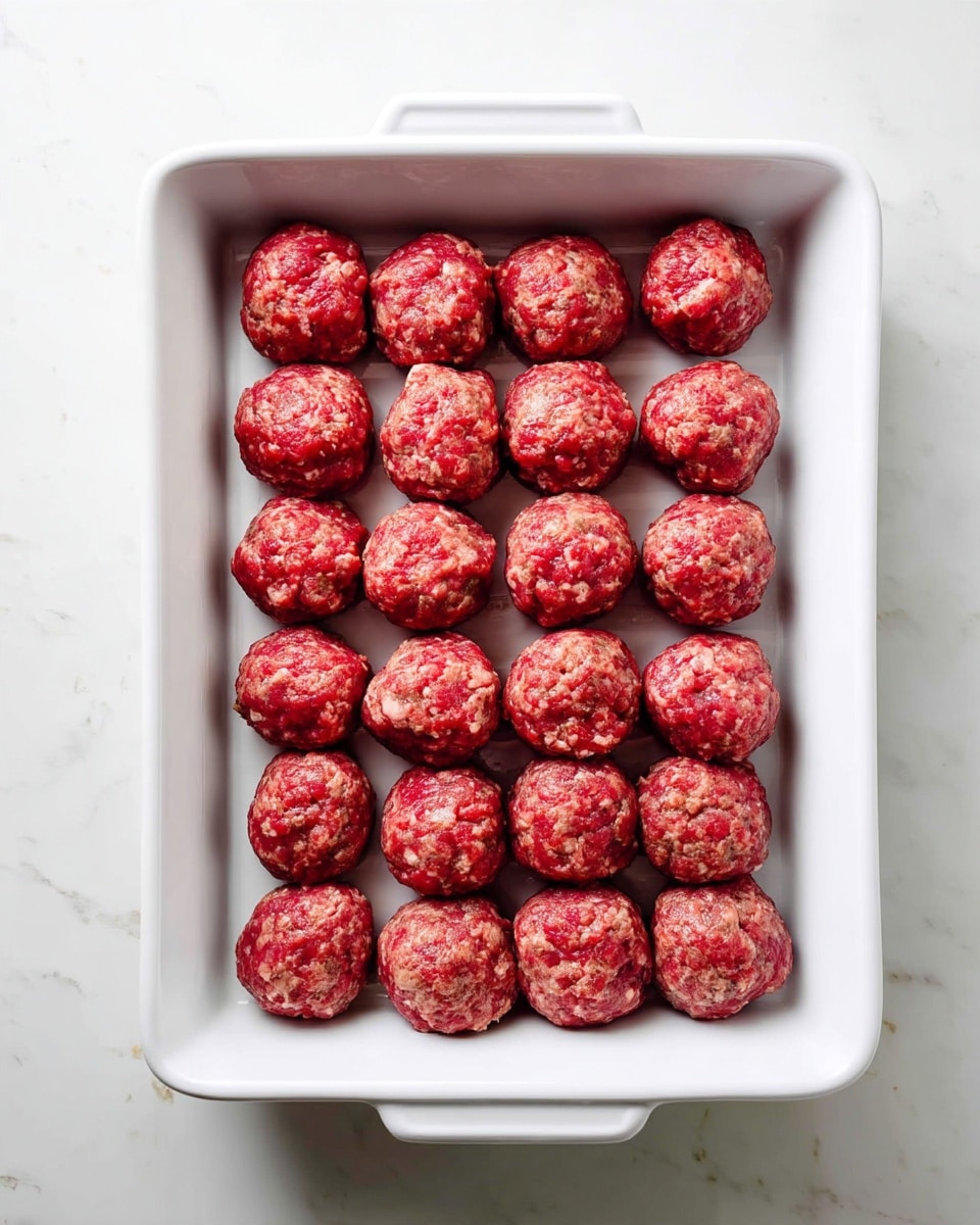 Baked Meatballs Recipe 5 The image shows a white rectangular baking dish filled with six rows of evenly spaced raw meatballs, five meatballs per row, making a total of thirty meatballs. Each meatball is round with a mix of red and light brown colors, showing a slightly coarse texture from the meat mixture. The dish rests on a white marbled surface, giving a clean and bright kitchen feel. photo taken with an iphone --ar 4:5 --v 7