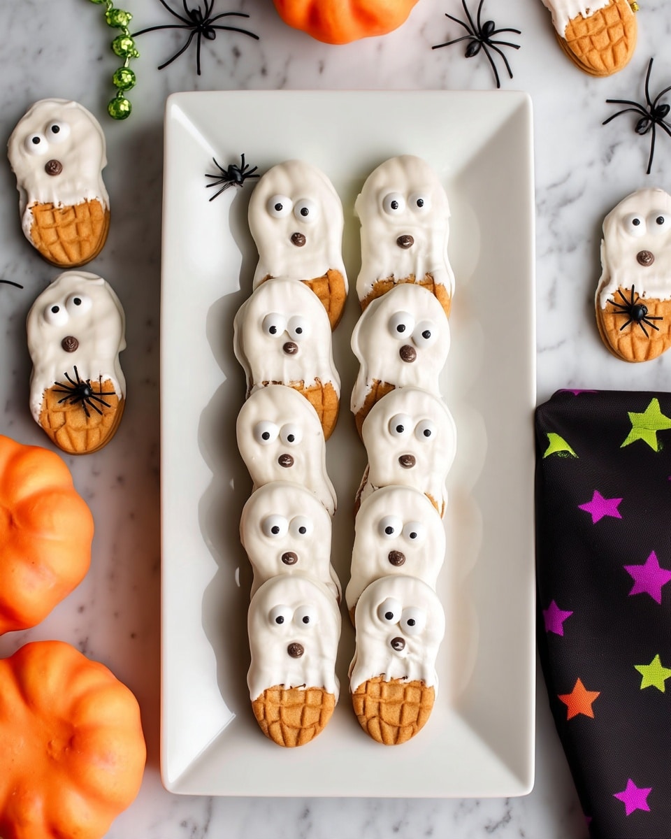 Nutter Butter Ghost Cookies Recipe 5 A group of peanut-shaped cookies arranged on a dark textured surface are shown, each cookie dipped halfway in smooth white icing creating a ghost-like effect. The cookies have a light golden-brown base with a crisscross pattern visible below the white icing layer that drips unevenly downward. Small round candy eyes and a single small chocolate piece form the facial features, giving each cookie a surprised or scared look. Scattered among the cookies are small black plastic spider decorations and a bright green bead string adding a playful Halloween touch. photo taken with an iphone --ar 4:5 --v 7