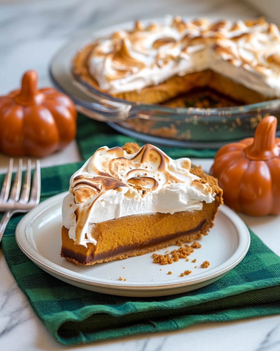 A round pumpkin pie with three layers: a crumbly brown crust at the bottom, a smooth orange pumpkin filling in the middle, and a thick, fluffy white topping with golden brown swirls on the top. A slice is removed and placed on a white plate behind the whole pie, showing the layers clearly. The pie is in a clear glass dish sitting on a green cloth on a white marbled surface. Around the pie are small orange and white decorative pumpkins, and a metal pie server is beside it. Photo taken with an iphone --ar 4:5 --v 7