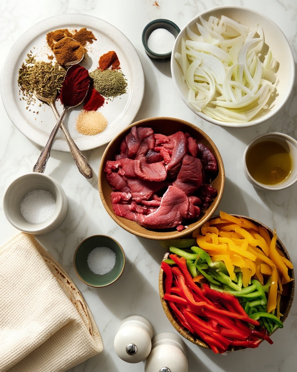 Several bowls and plates hold cooking ingredients on a white marbled surface. One white plate has six piles of different spices, each a different color—brown, red, yellow, and green—and two spoons rest on it. A white bowl near the top right holds pale white onion slices. Below this is a brown bowl filled with raw red meat strips. On the bottom right, another brown bowl contains three layers of bell pepper strips in red, green, and yellow, stacked side by side. There is a white folded cloth covering white tortillas on the bottom left. Nearby there are also white salt and pepper shakers, a small green cup of salt, and a small brown cup with oil. photo taken with an iphone --ar 4:5 --v 7