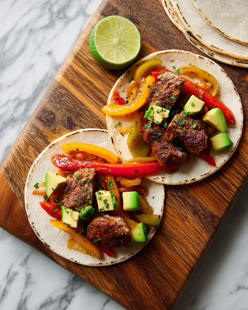 Two small tacos are on a wooden board with a sliced lime on the side. Each taco has three layers: a flat light tan tortilla as the base, colorful strips of cooked red and yellow bell peppers forming the middle layer, and several pieces of browned grilled meat on top. There are small cubes of light green avocado scattered over the meat and finely chopped green herbs sprinkled across each taco. A stack of plain light tan tortillas is on the right side of the board. The background is a white marbled texture. photo taken with an iphone --ar 4:5 --v 7