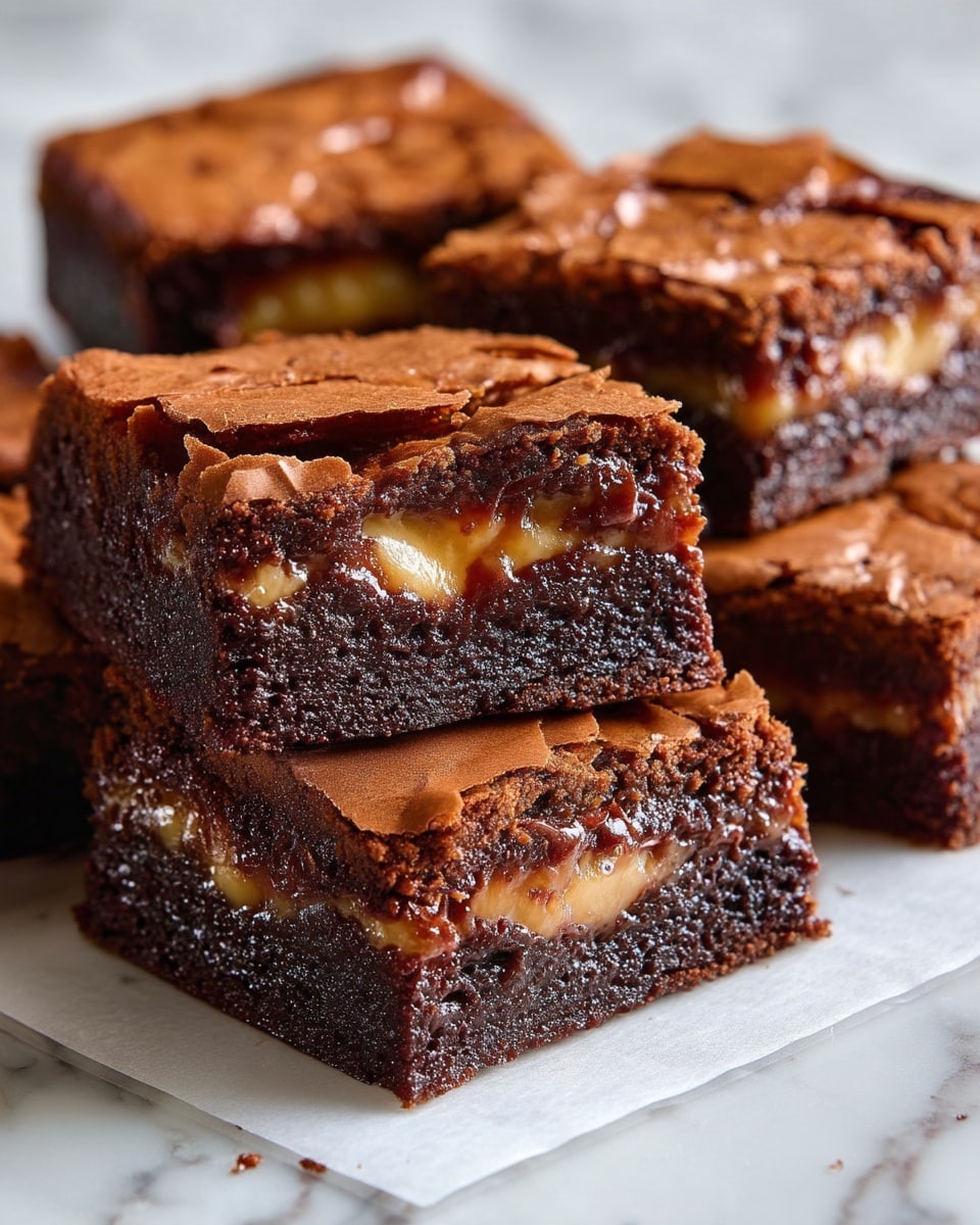 Salted Caramel-Stuffed Brownies Recipe 5 The image shows a close-up of three stacked chocolate and caramel brownies on white parchment paper over a white marbled background. Each brownie has three visible layers: the bottom and top layers are dark, moist, and dense chocolate brownie with a slightly cracked texture, while the middle layer is a smooth, shiny caramel that looks soft and sticky, oozing slightly between the chocolate layers. The brownies appear rich and thick, with some caramel gently melting over the edges. Photo taken with an iphone --ar 4:5 --v 7