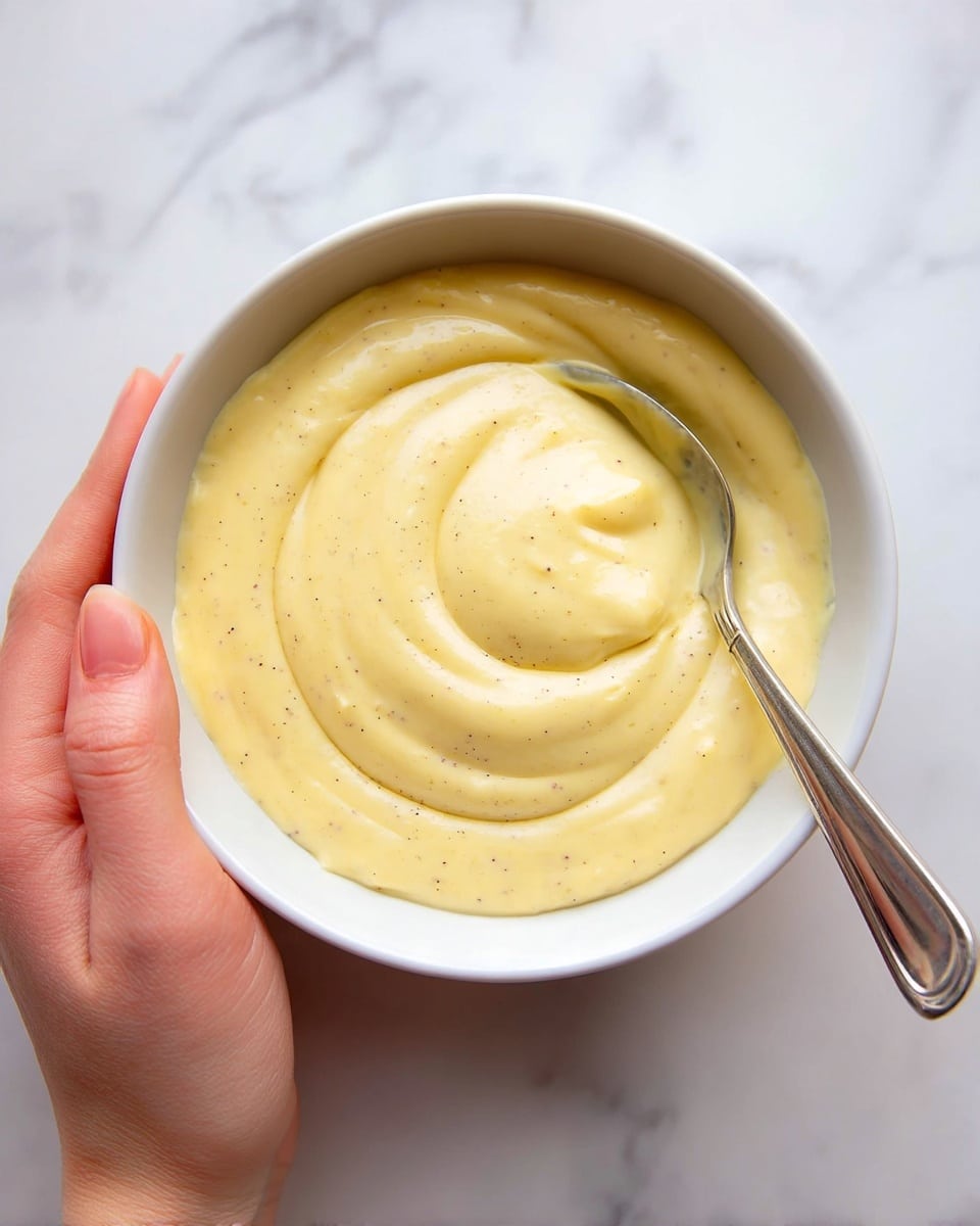 A close-up view of a smooth, creamy sauce with a pale yellow color and light specks spread evenly. The sauce has a thick texture, shown in soft swirls and gentle peaks. A silver spoon rests on the right side, partially buried in the sauce, with a woman's hand gently holding it. The sauce is inside a white bowl placed on a white marbled surface. The light highlights the creamy texture and slight gloss on the sauce's surface. photo taken with an iphone --ar 4:5 --v 7