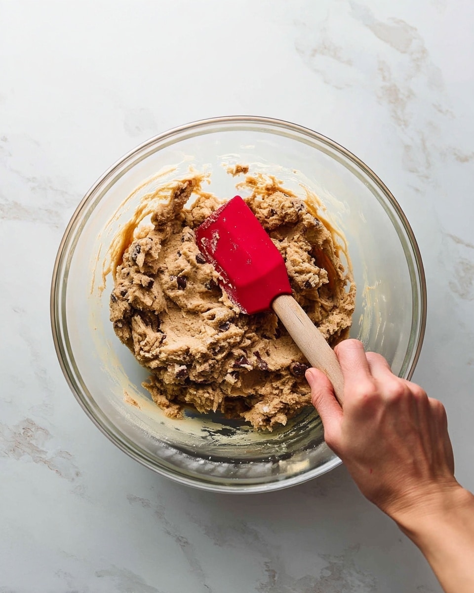 The image shows a clear mixing bowl filled with light brown cookie dough mixed with small dark pieces, held by a woman's hand using a red spatula with a wooden handle. The dough looks thick and slightly rough in texture. The bowl sits on a white marbled surface, and the photo captures the action of stirring the dough. The lighting is bright, making the dough and spatula colors clear and vivid. photo taken with an iphone --ar 4:5 --v 7