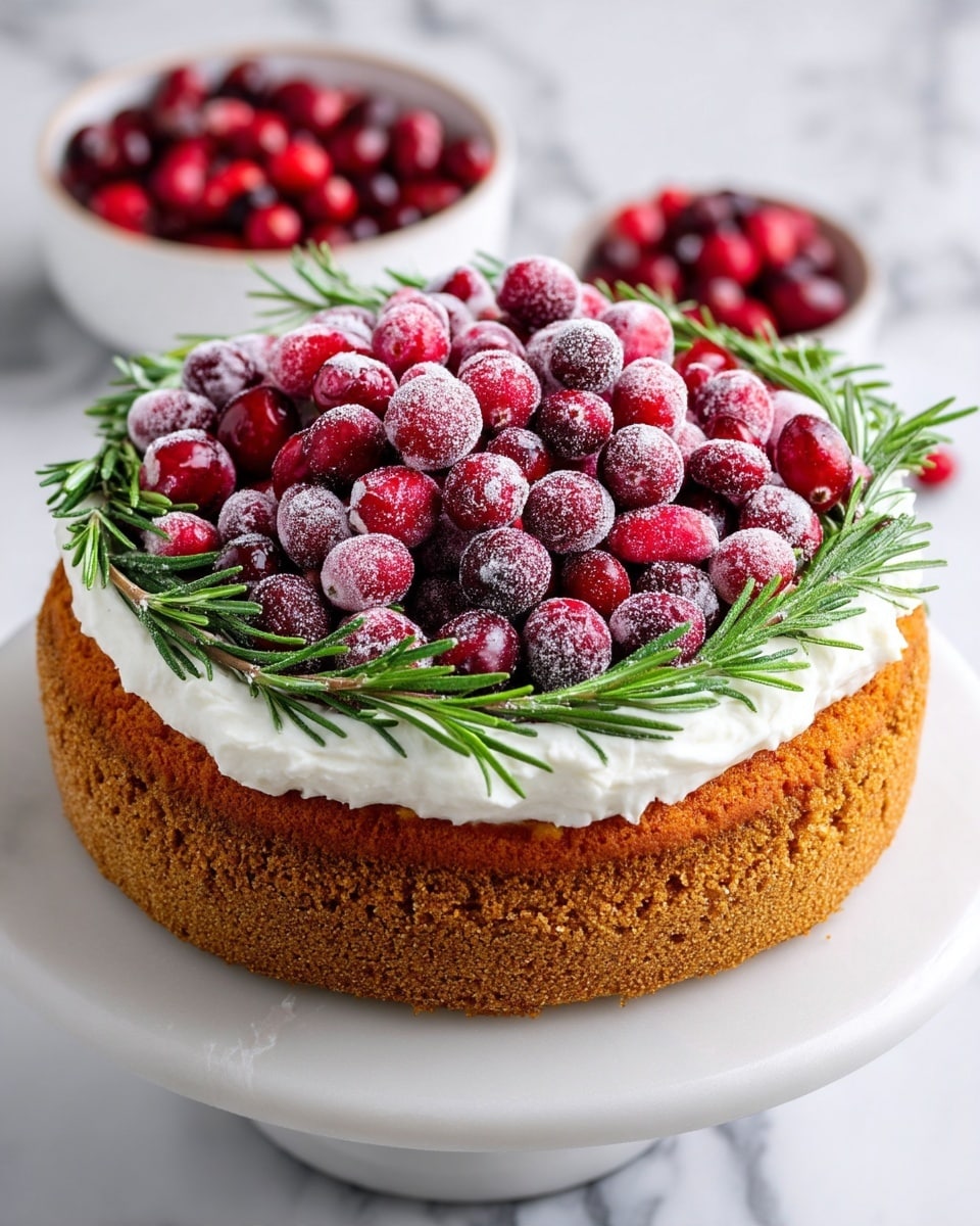 The image shows a single-layer round cake with a thick, golden-brown crumb base. On top of the base is a smooth, white cream layer spread evenly. The cake is decorated with a large pile of bright red cranberries, both fresh and dusted with a light white frost, stacked in the center. Around the cranberries, a wreath of fresh green sprigs, likely rosemary, adds contrast and decoration. In the background, there is a small white bowl filled with more cranberries on a white marbled surface. The photo was taken with a white marbled texture underneath the cake stand. photo taken with an iphone --ar 4:5 --v 7